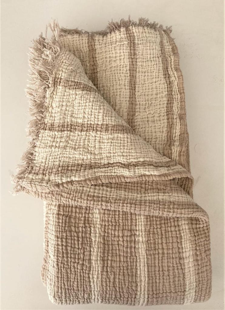 Muslin Natural Cotton Blanket Pillow Set Stripe Gauze Blanket for Adult