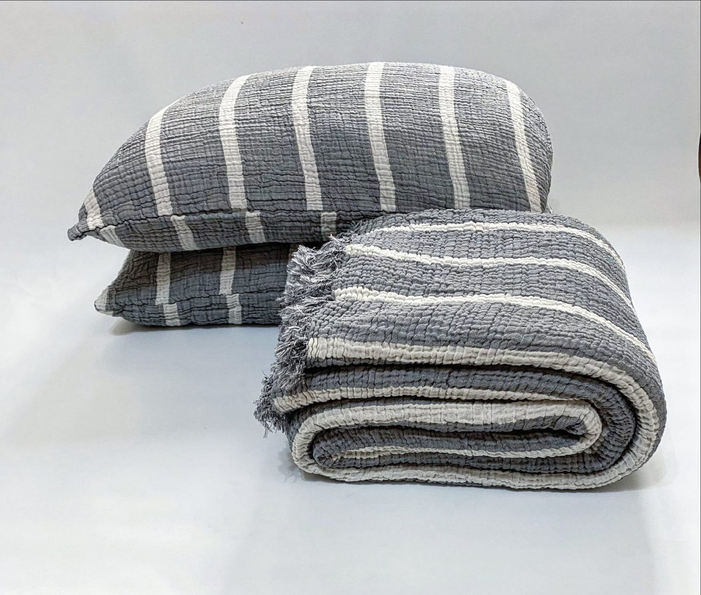 Muslin Natural Cotton Blanket Pillow Set Stripe Gauze Blanket for Adult