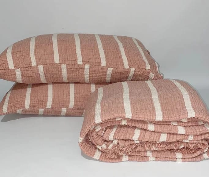 Muslin Natural Cotton Blanket Pillow Set Stripe Gauze Blanket for Adult