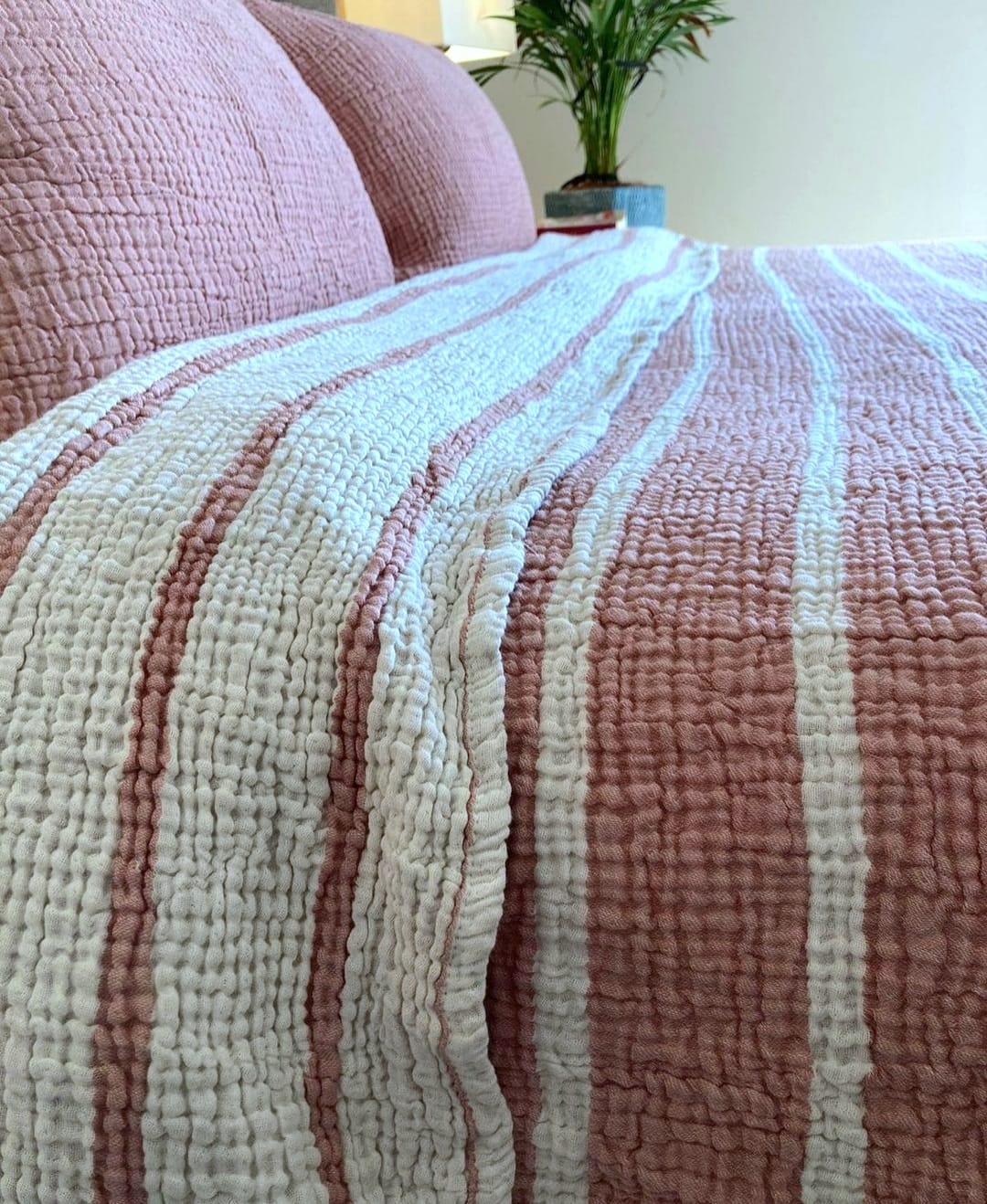 Muslin Natural Cotton Blanket Pillow Set Stripe Gauze Blanket for Adult