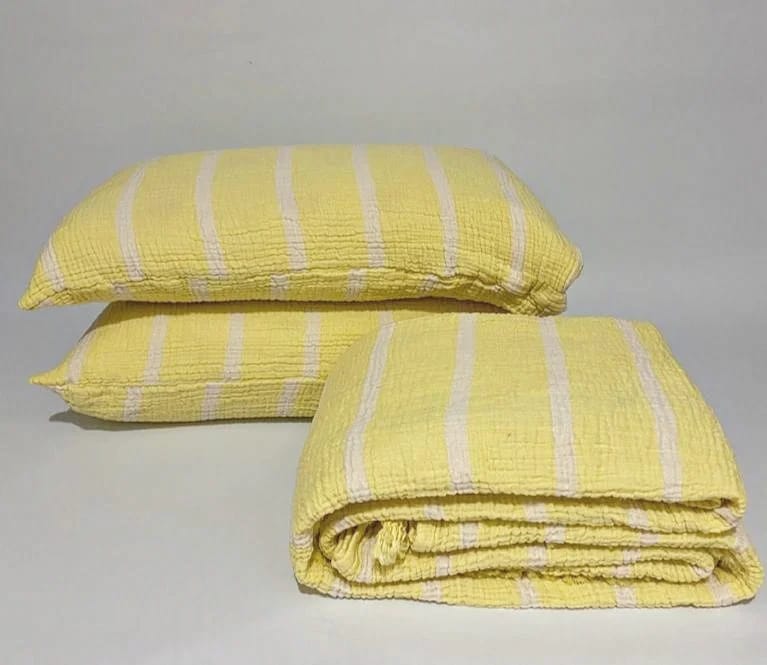 Muslin Natural Cotton Blanket Pillow Set Stripe Gauze Blanket for Adult