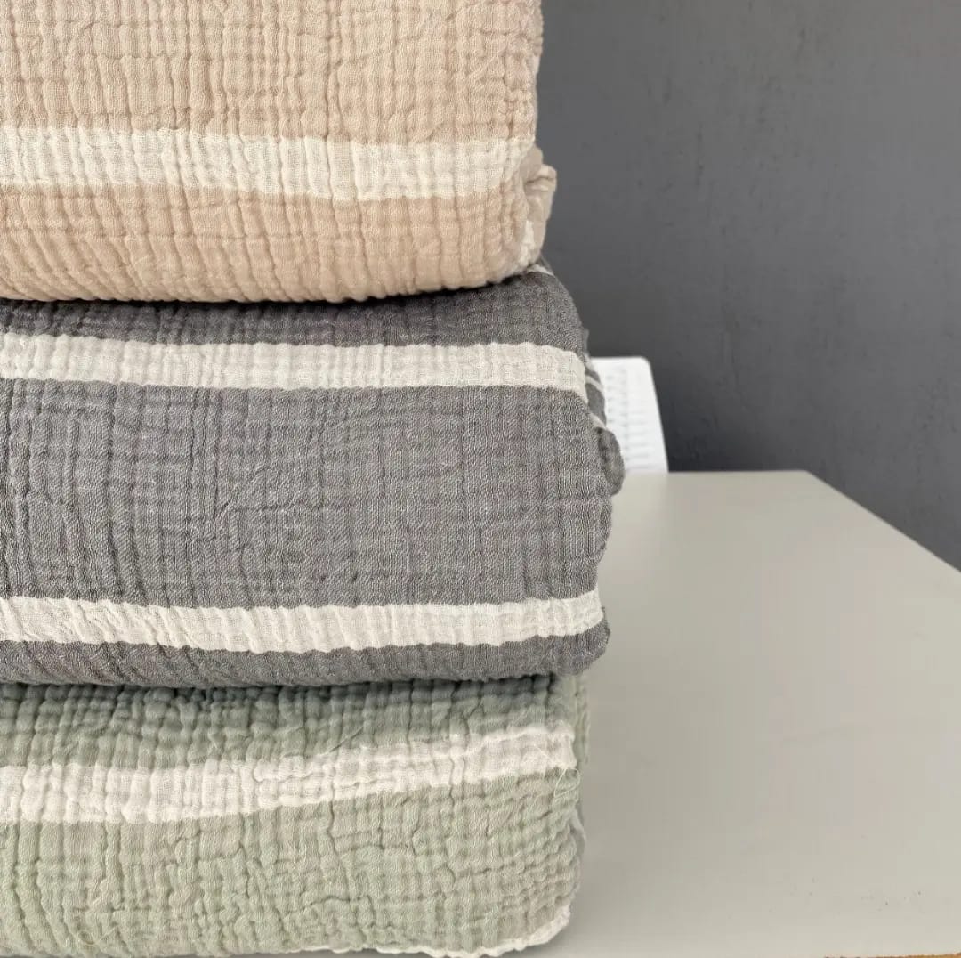 Muslin Natural Cotton Blanket Pillow Set Stripe Gauze Blanket for Adult