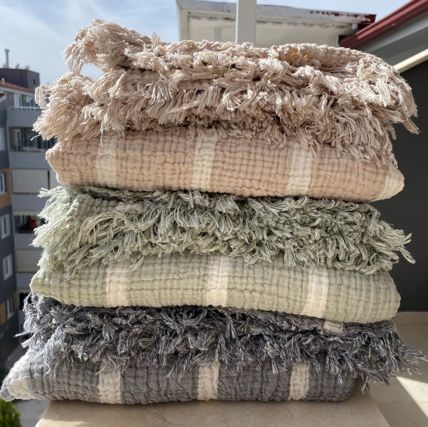 Muslin Natural Cotton Blanket Pillow Set Stripe Gauze Blanket for Adult