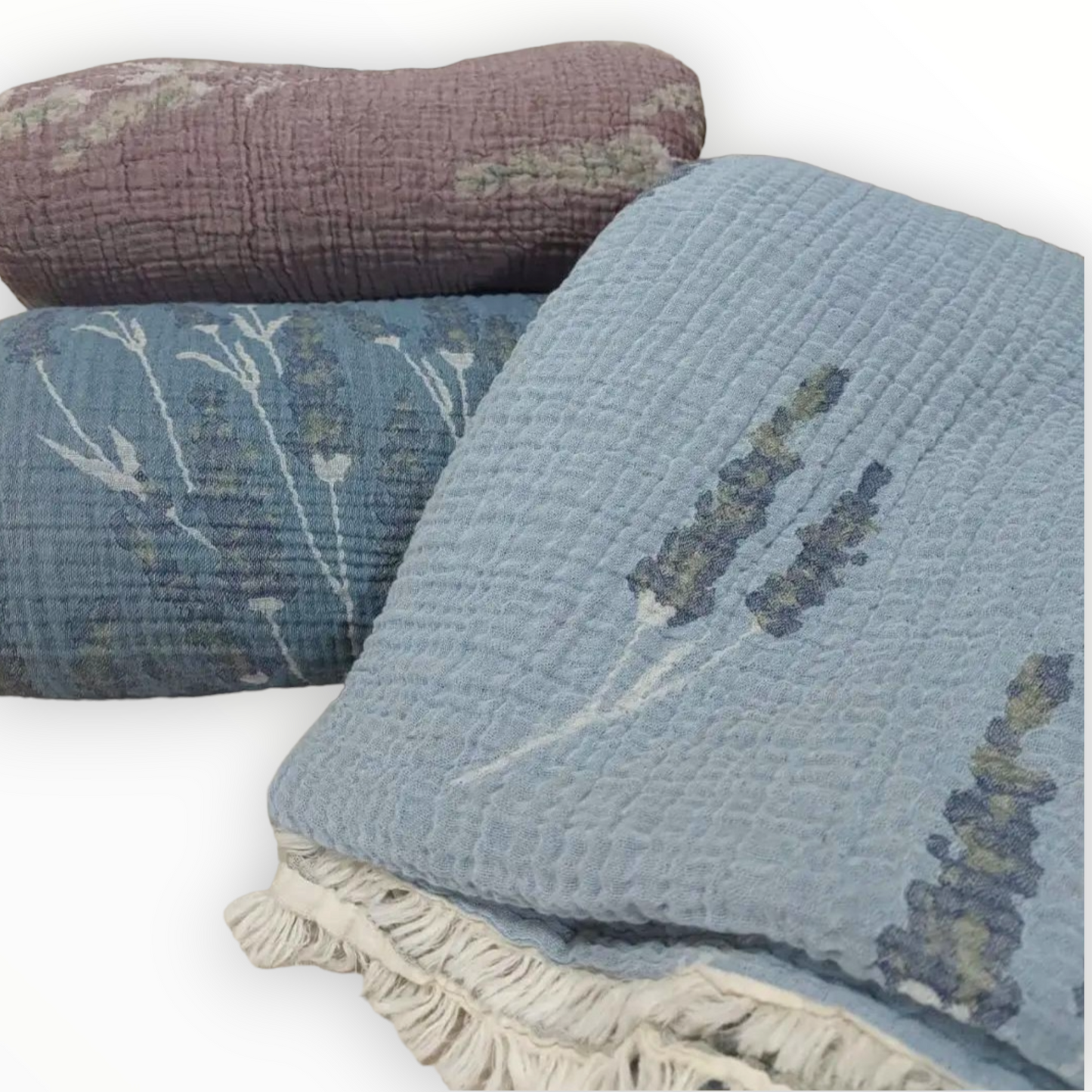 Natural Cotton Muslin Bed Cover for Adults Gauze Blanket Lavender Design