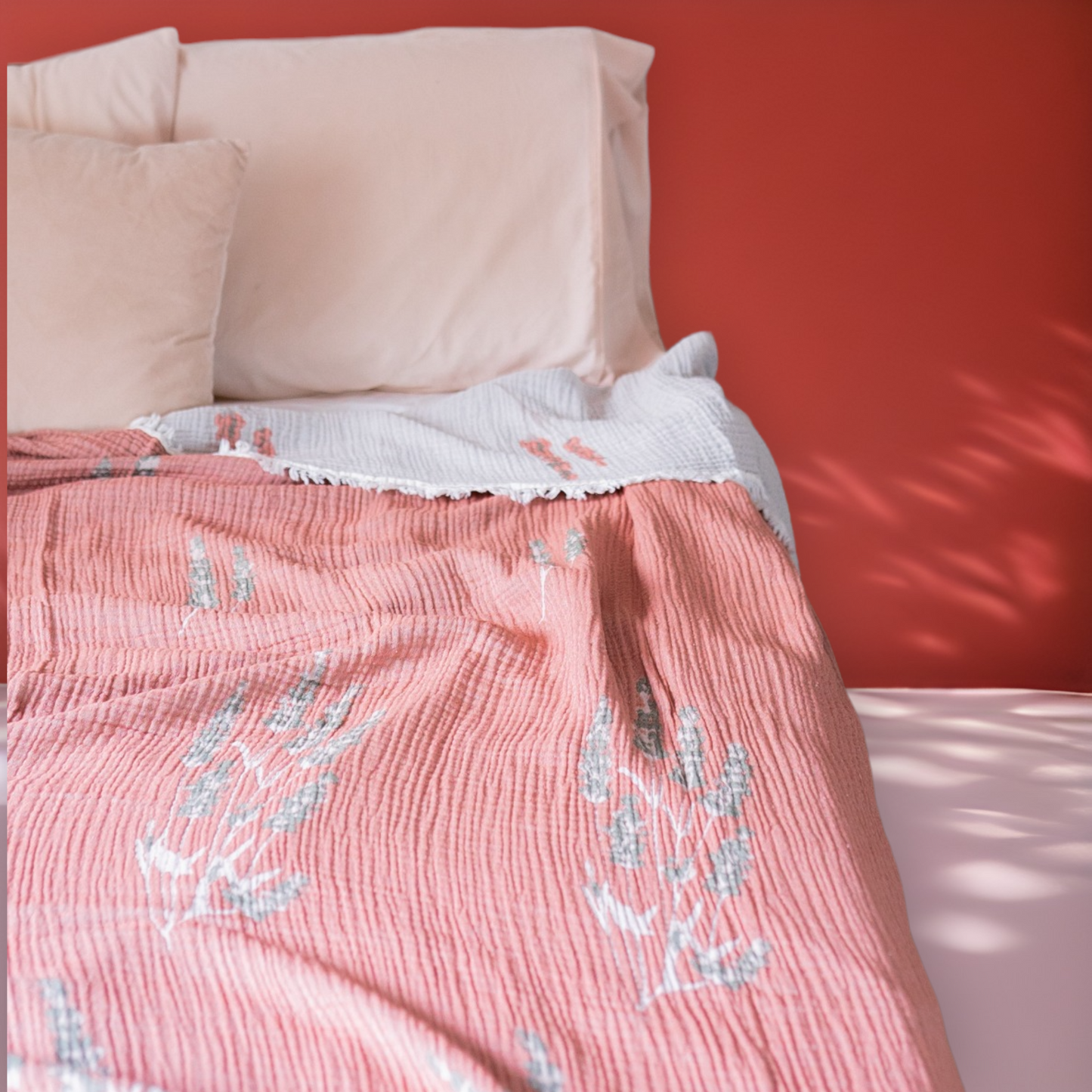 Natural Cotton Muslin Bed Cover for Adults Gauze Blanket Lavender Design