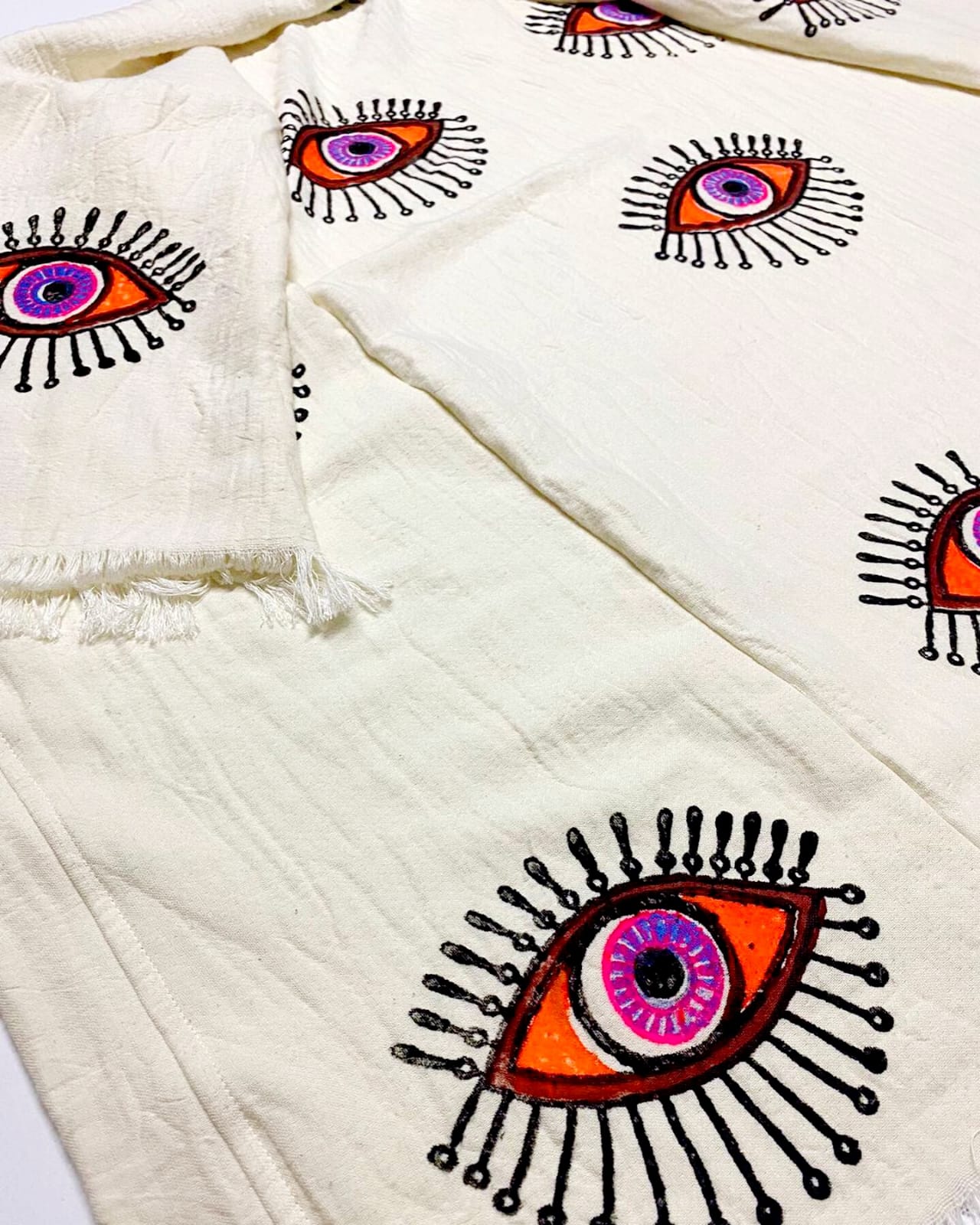 Three-Layer Handwoven Turkish Towel Pestemal – Evil Eye Hand Printed Natural Cotton (Multi-Use)