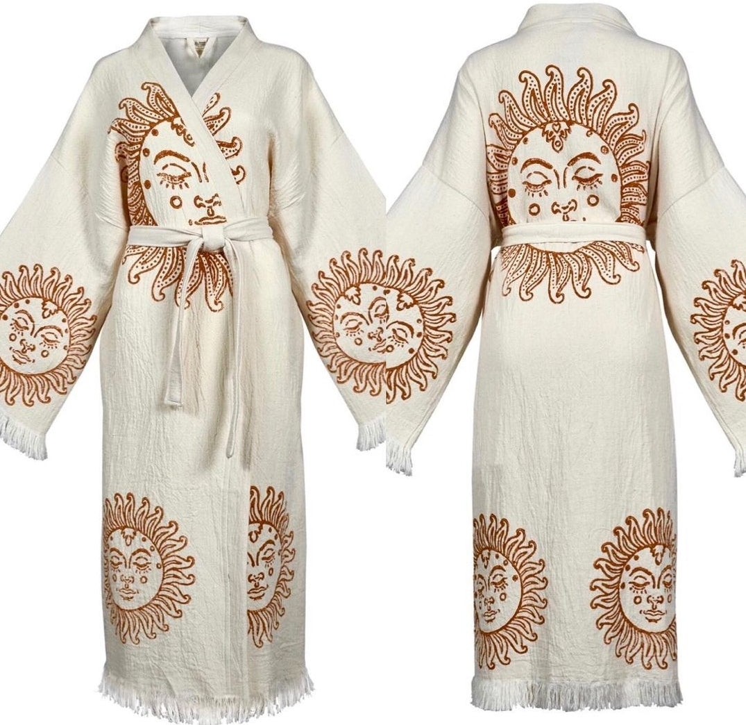 Hand-Woven Natural Cotton Brown Sun Pattern Turkish Towel Kimono