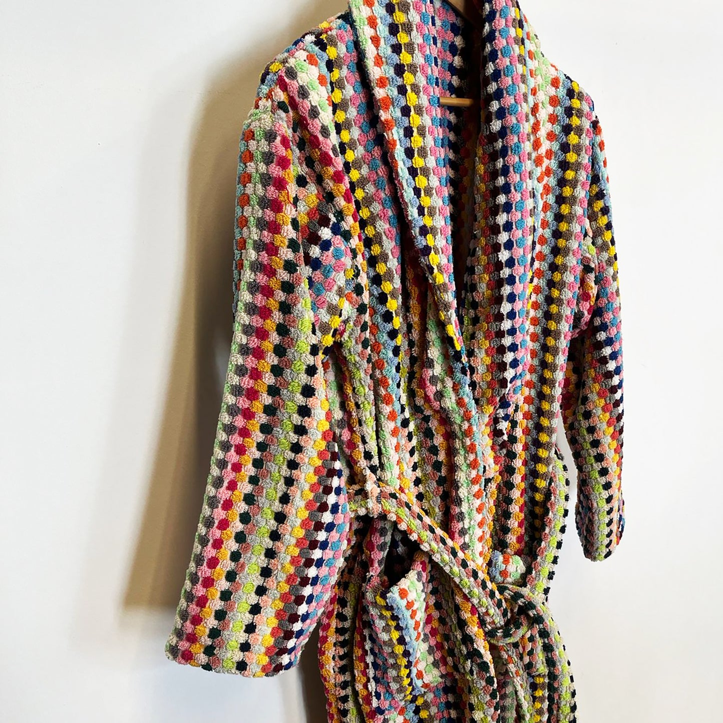 Turkish Terry Towel Unisex Bathrobe Multi Color Dotted Pompom Design Shawl Collar