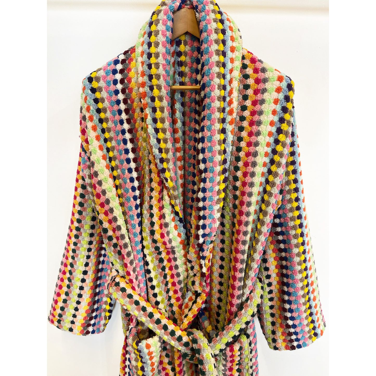 Turkish Terry Towel Unisex Bathrobe Multi Color Dotted Pompom Design Shawl Collar