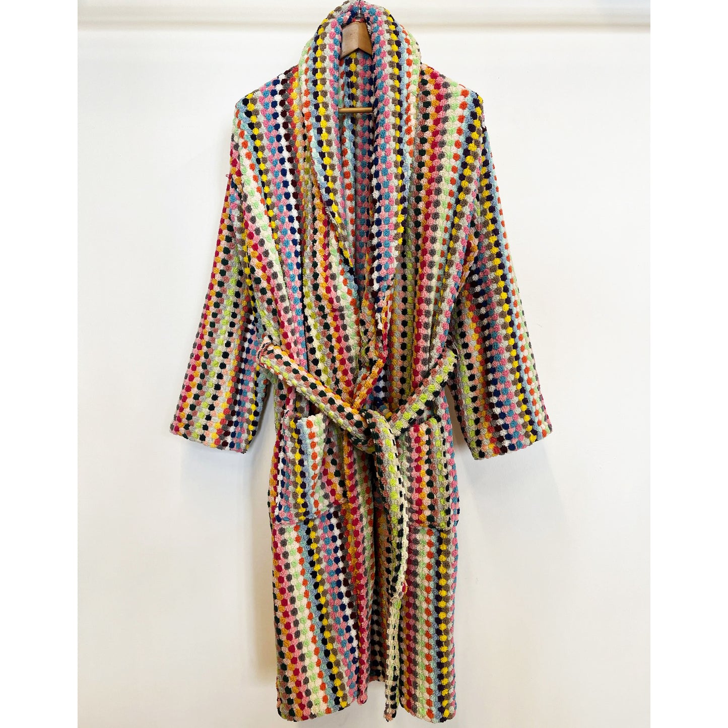 Turkish Terry Towel Unisex Bathrobe Multi Color Dotted Pompom Design Shawl Collar