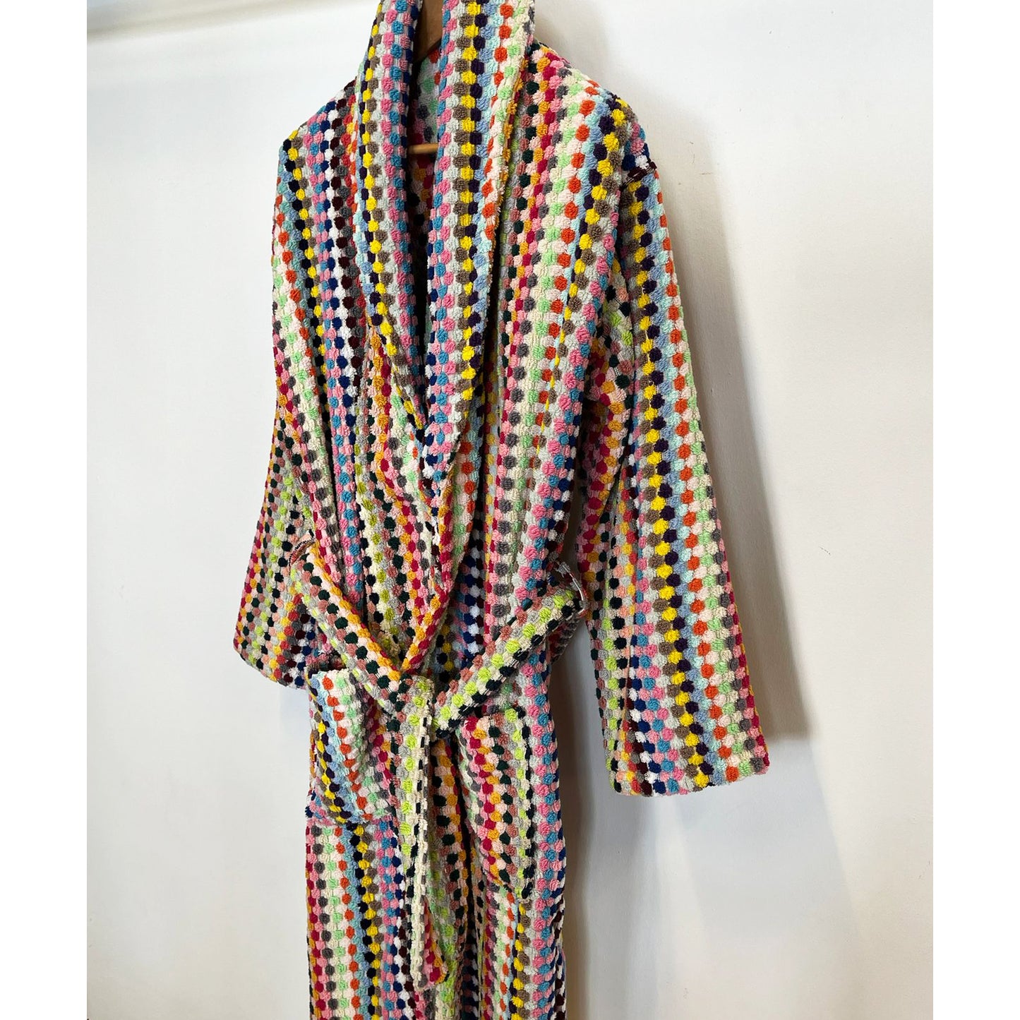 Turkish Terry Towel Unisex Bathrobe Multi Color Dotted Pompom Design Shawl Collar