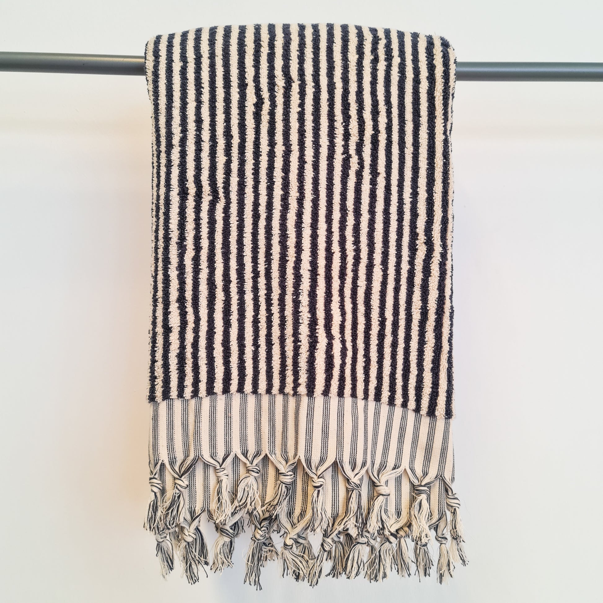 Handmade Turkish Terry Hammam Towel Black Stripe – Luxury Cotton Bath Towel with Fringe Edges - Turkish Bath Towel