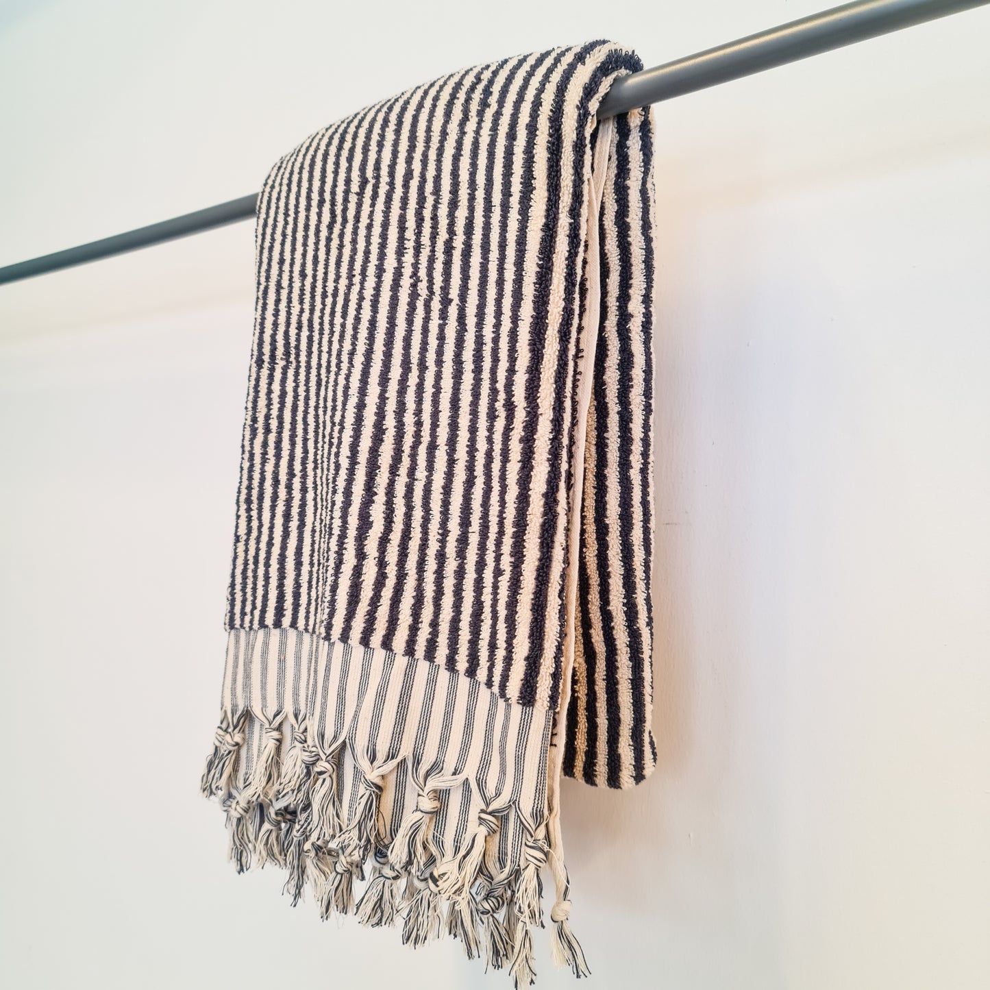 Handmade Turkish Terry Hammam Towel Black Stripe – Luxury Cotton Bath Towel with Fringe Edges - Turkish Bath Towel