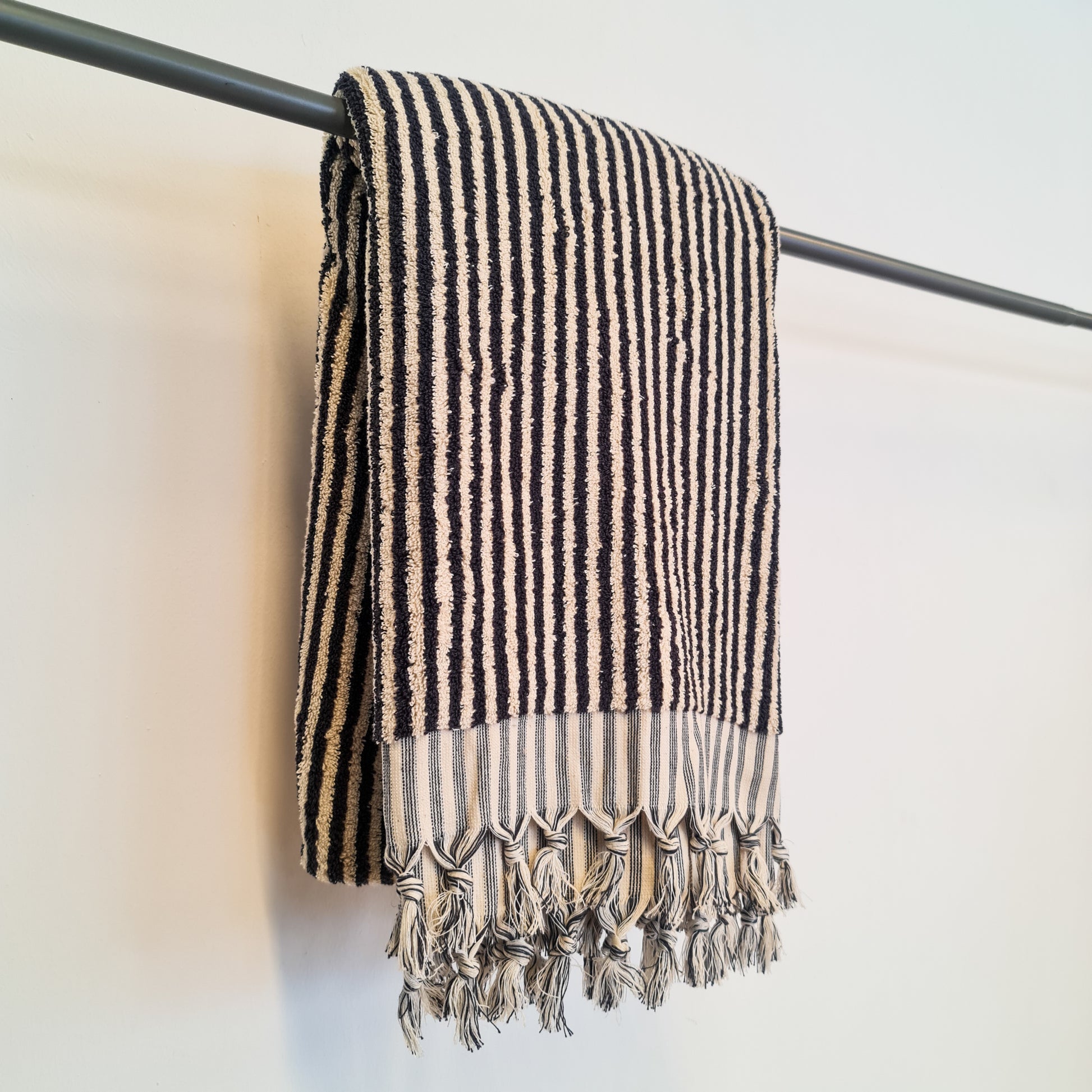 Handmade Turkish Terry Hammam Towel Black Stripe – Luxury Cotton Bath Towel with Fringe Edges - Turkish Bath Towel