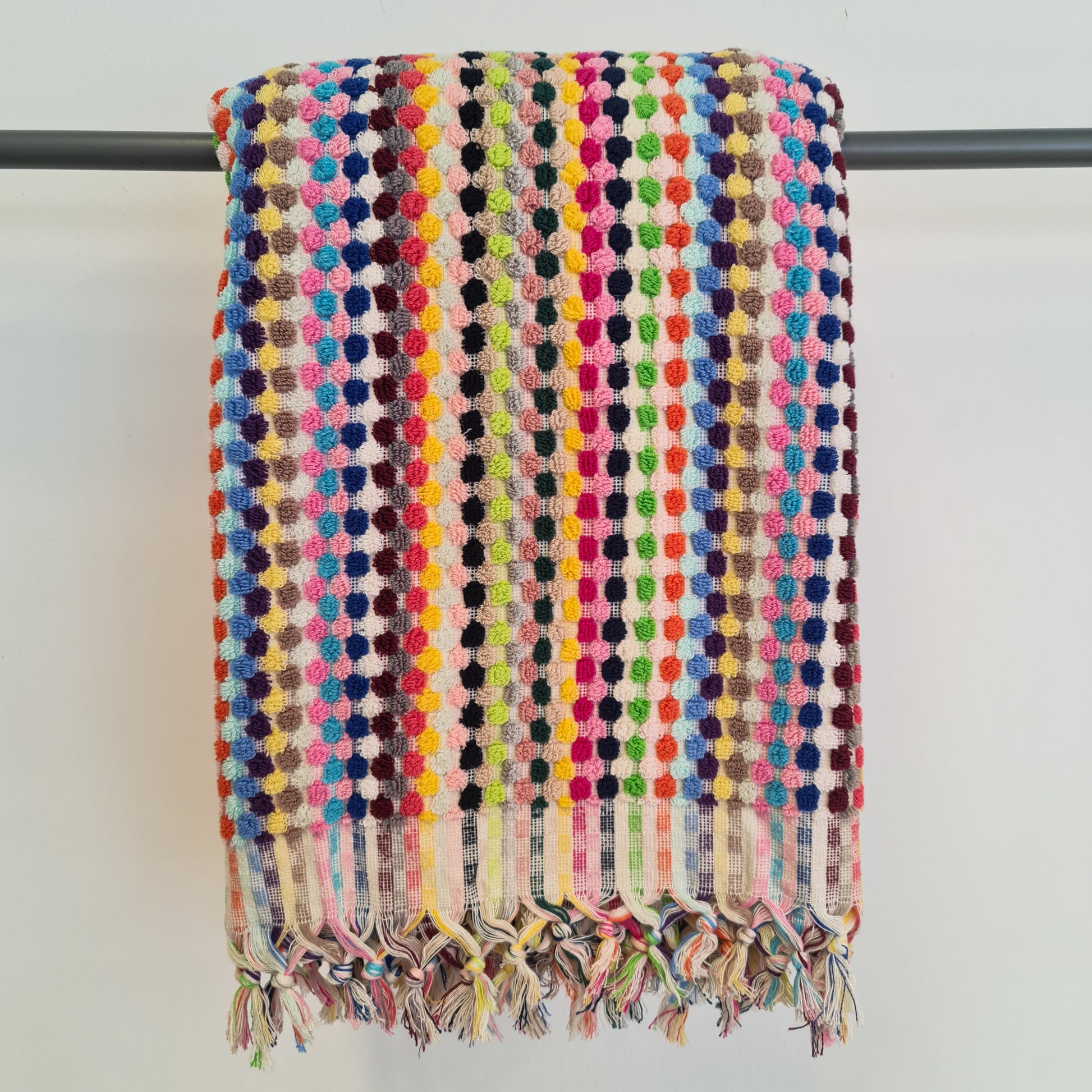 Handmade Turkish Terry Hammam Towel with Multi-Color Dotted Design – Luxury Cotton Bath Towel with Fringe Edges