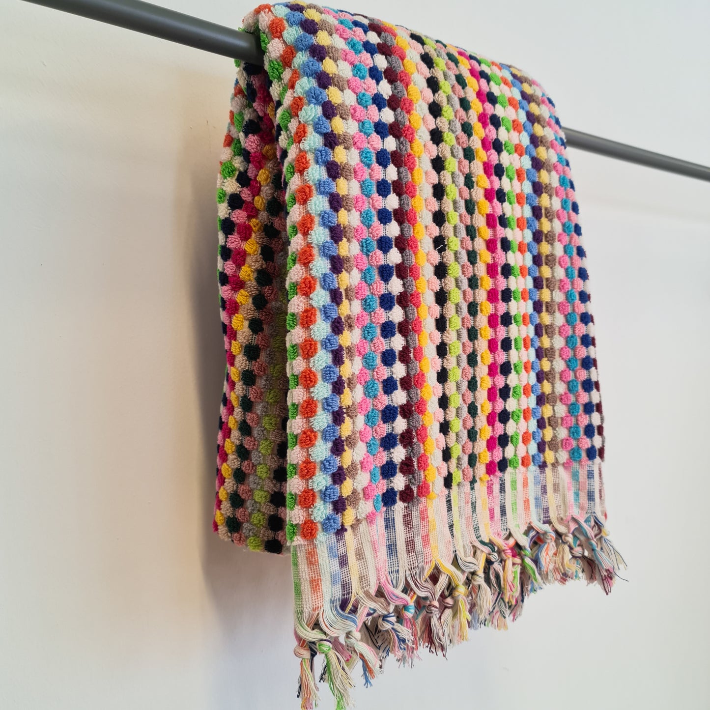 Handmade Turkish Terry Hammam Towel with Multi-Color Dotted Design – Luxury Cotton Bath Towel with Fringe Edges