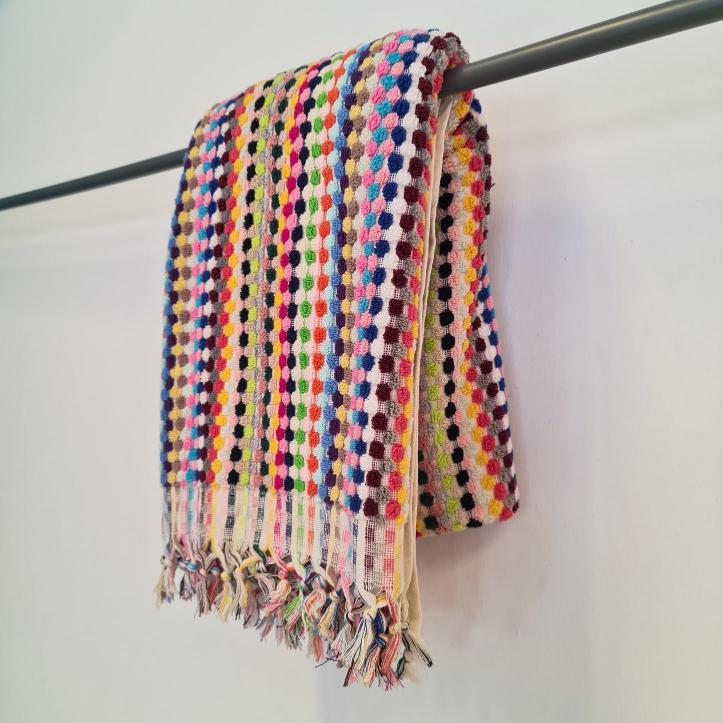 Handmade Turkish Terry Hammam Towel with Multi-Color Dotted Design – Luxury Cotton Bath Towel with Fringe Edges
