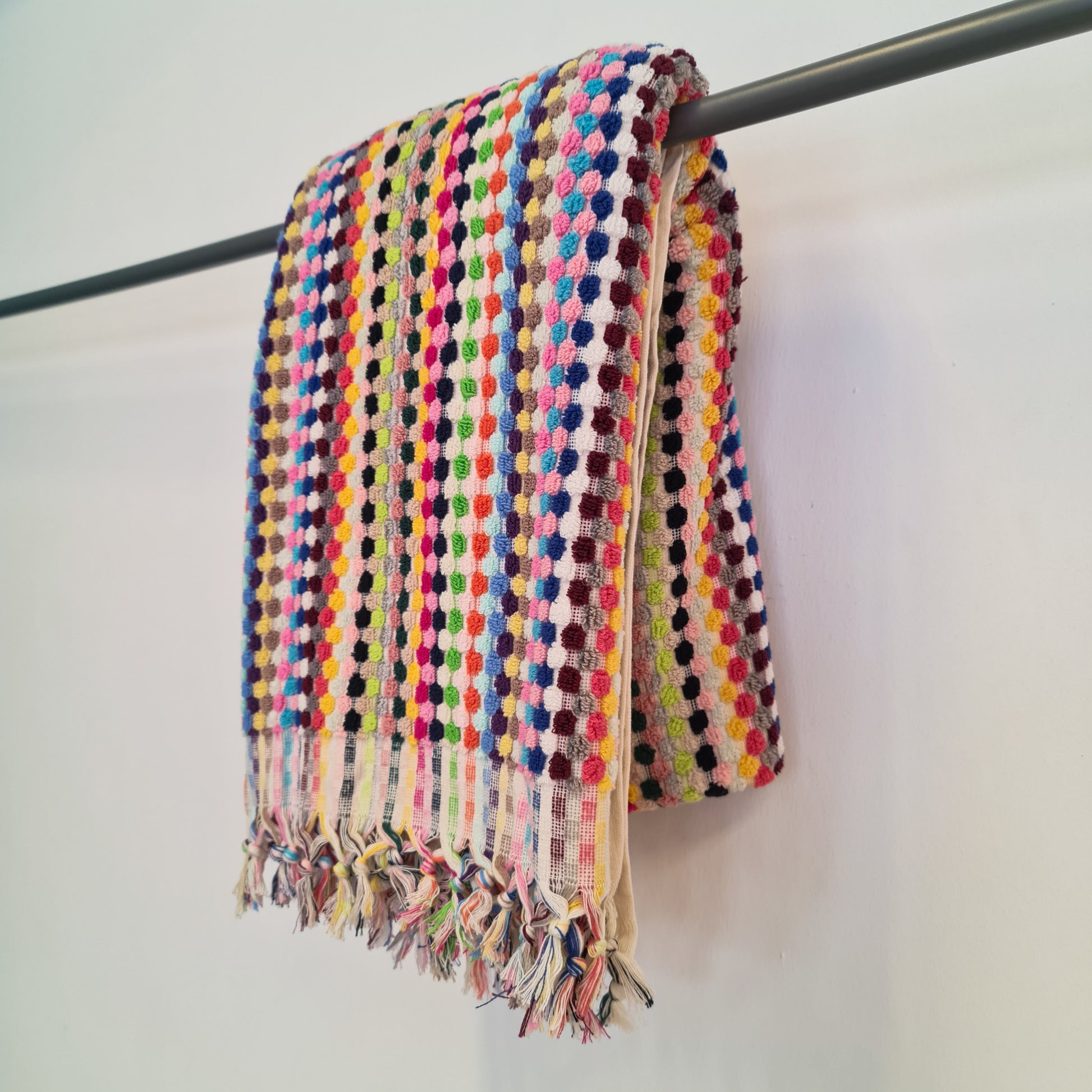 Handmade Turkish Terry Hammam Towel with Multi-Color Dotted Design – Luxury Cotton Bath Towel with Fringe Edges