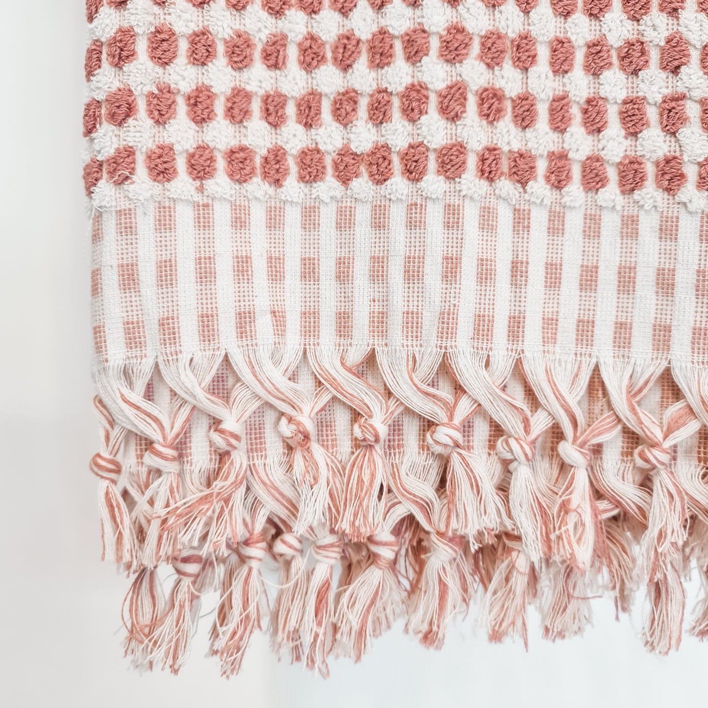 Turkish Terry Hammam Towel in Rose Pink Dotted Design – Luxury Cotton Bath Towel with Matching Hand Towel and Bathrobe Available Online, detailed view
