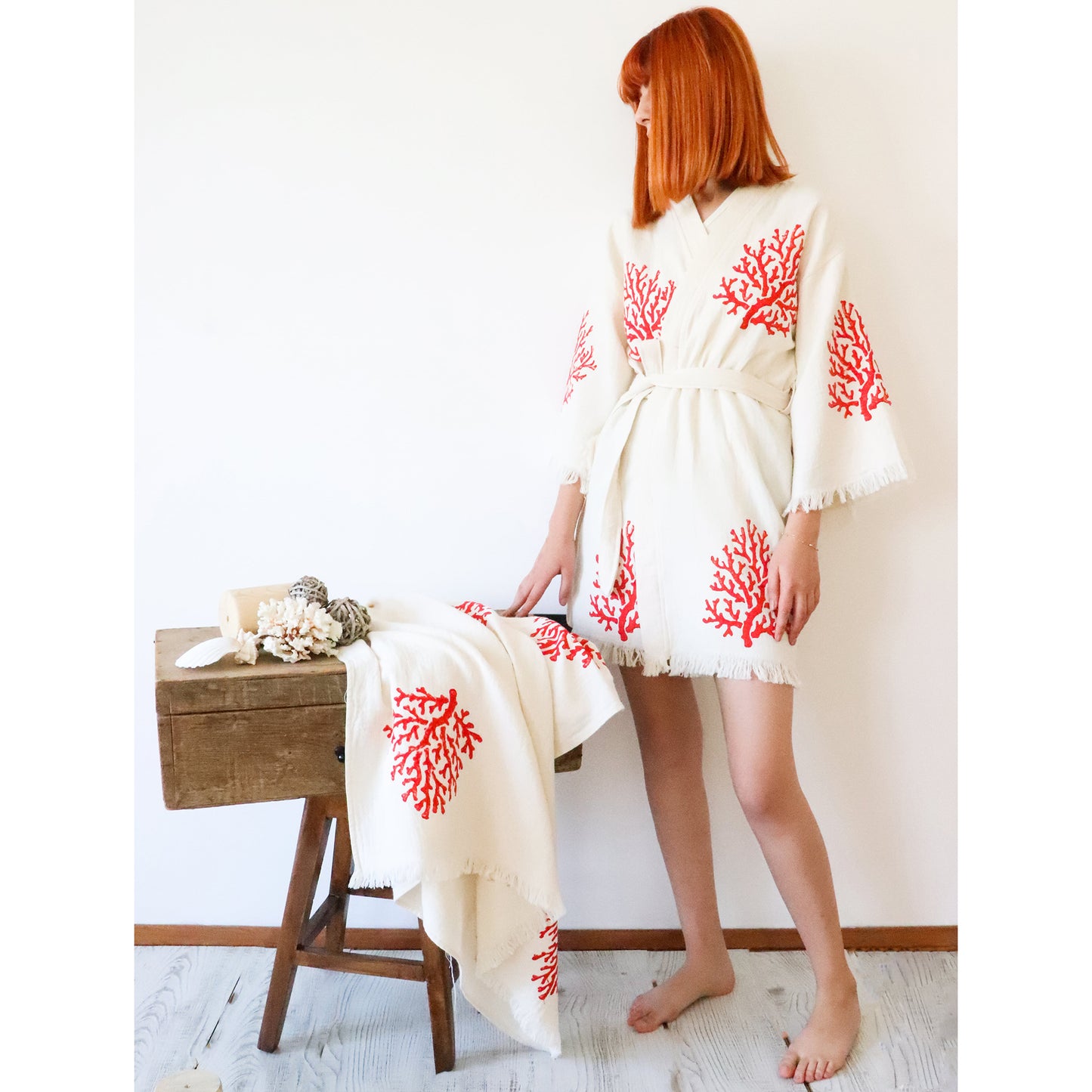Turkish Towel Coral Kimono Bathrobe