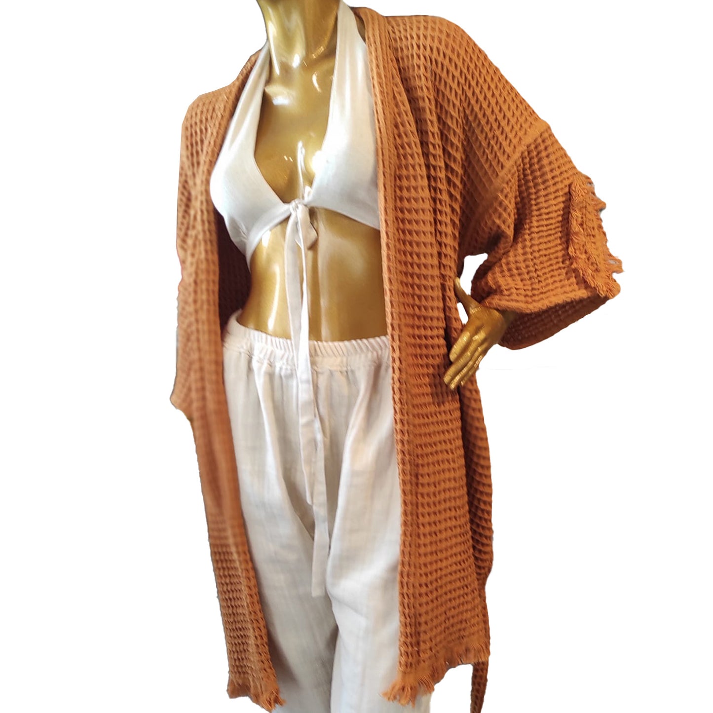 Hand-Woven Natural Cotton Waffle Design Turkish Towel Kimono