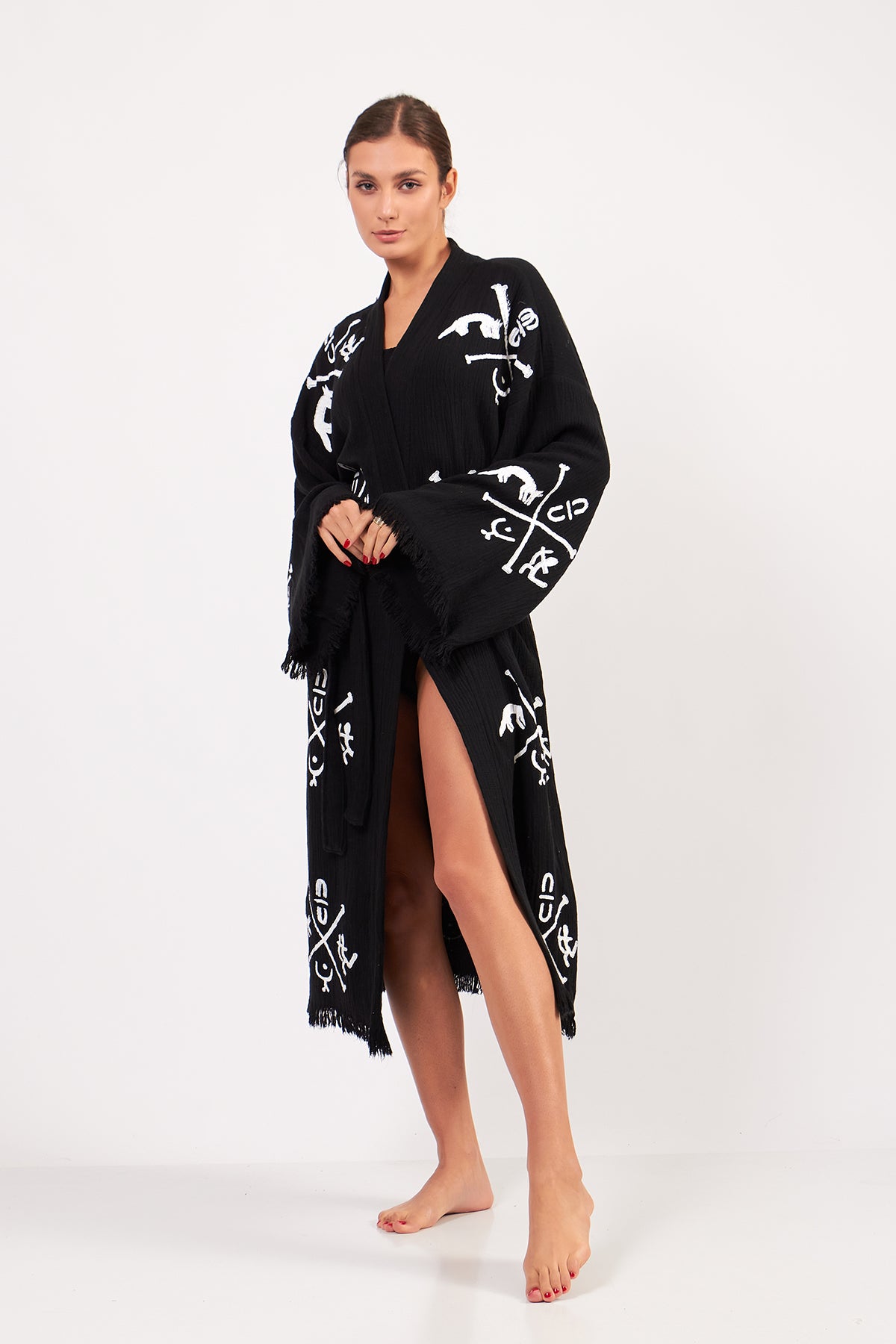 Turkish Towel Kimono Bathrobe Ancient Design Black