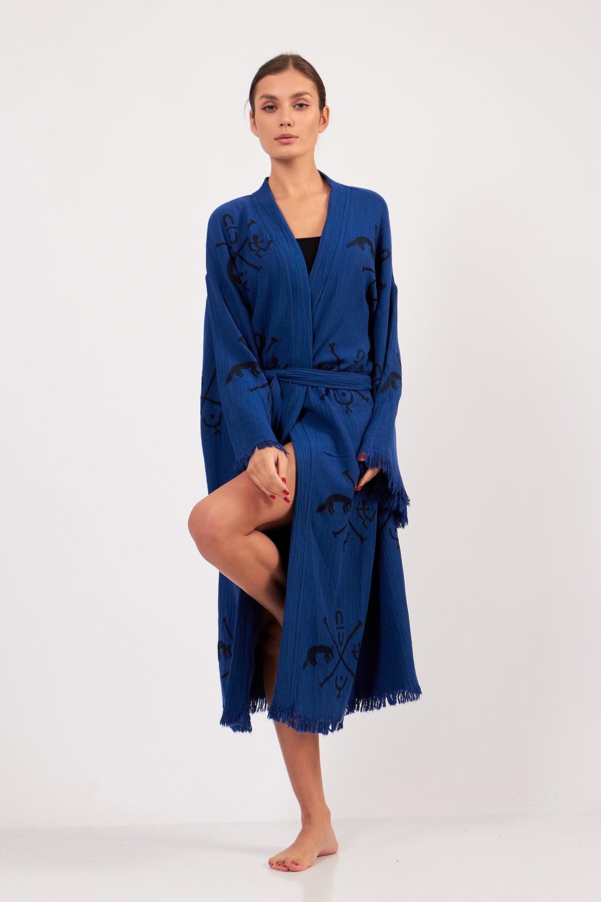 Turkish Towel Kimono Bathrobe Ancient Design Blue