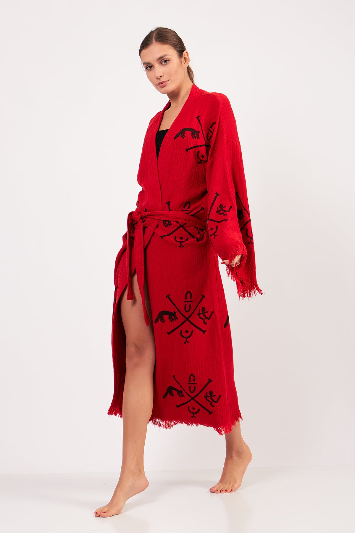 Turkish Towel Kimono Bathrobe Ancient Design Red