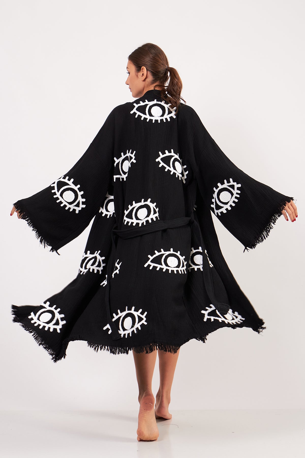 Turkish Towel Kimono Bathrobe Eye Design Black