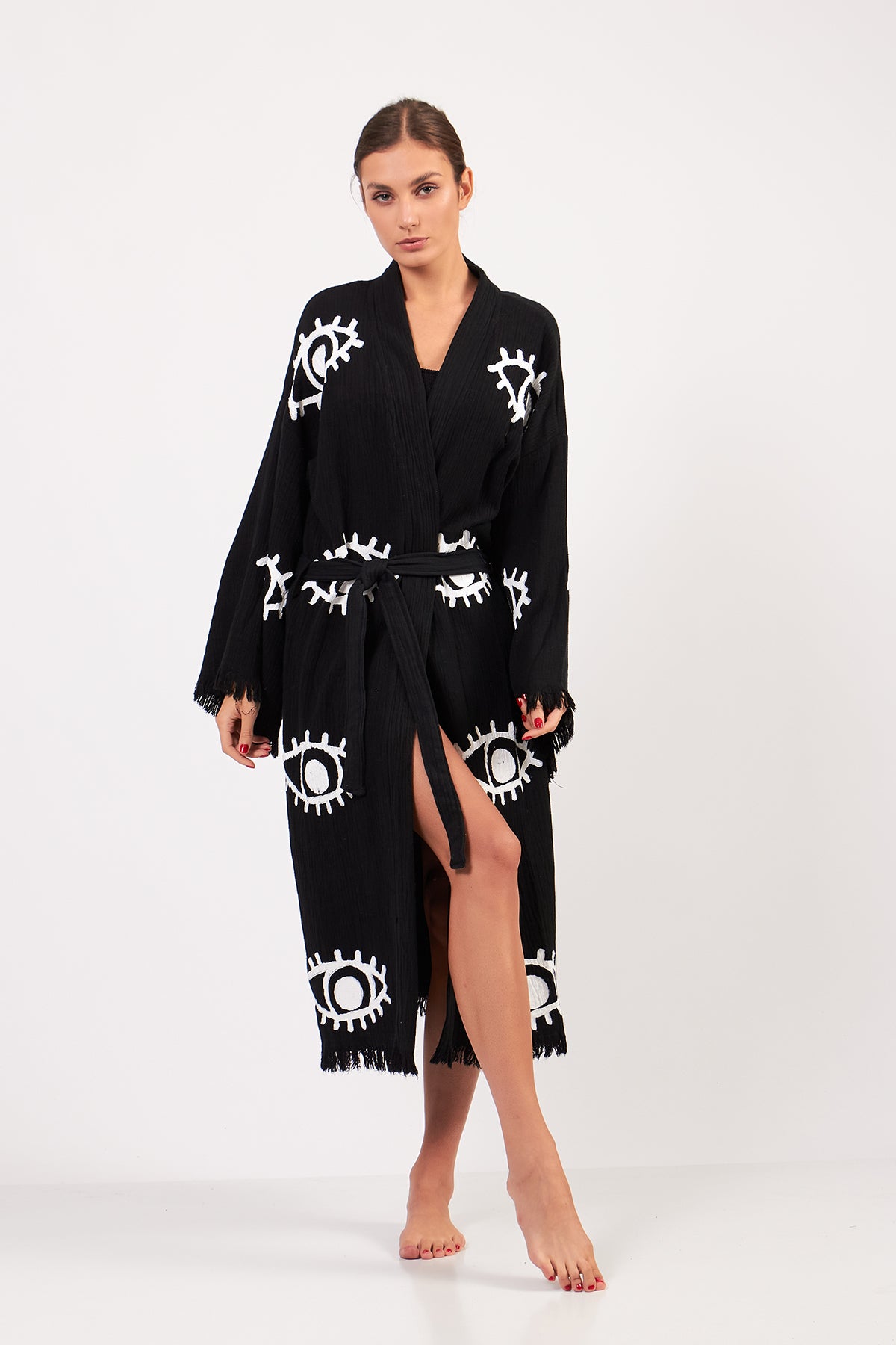 Turkish Towel Kimono Bathrobe Eye Design Black