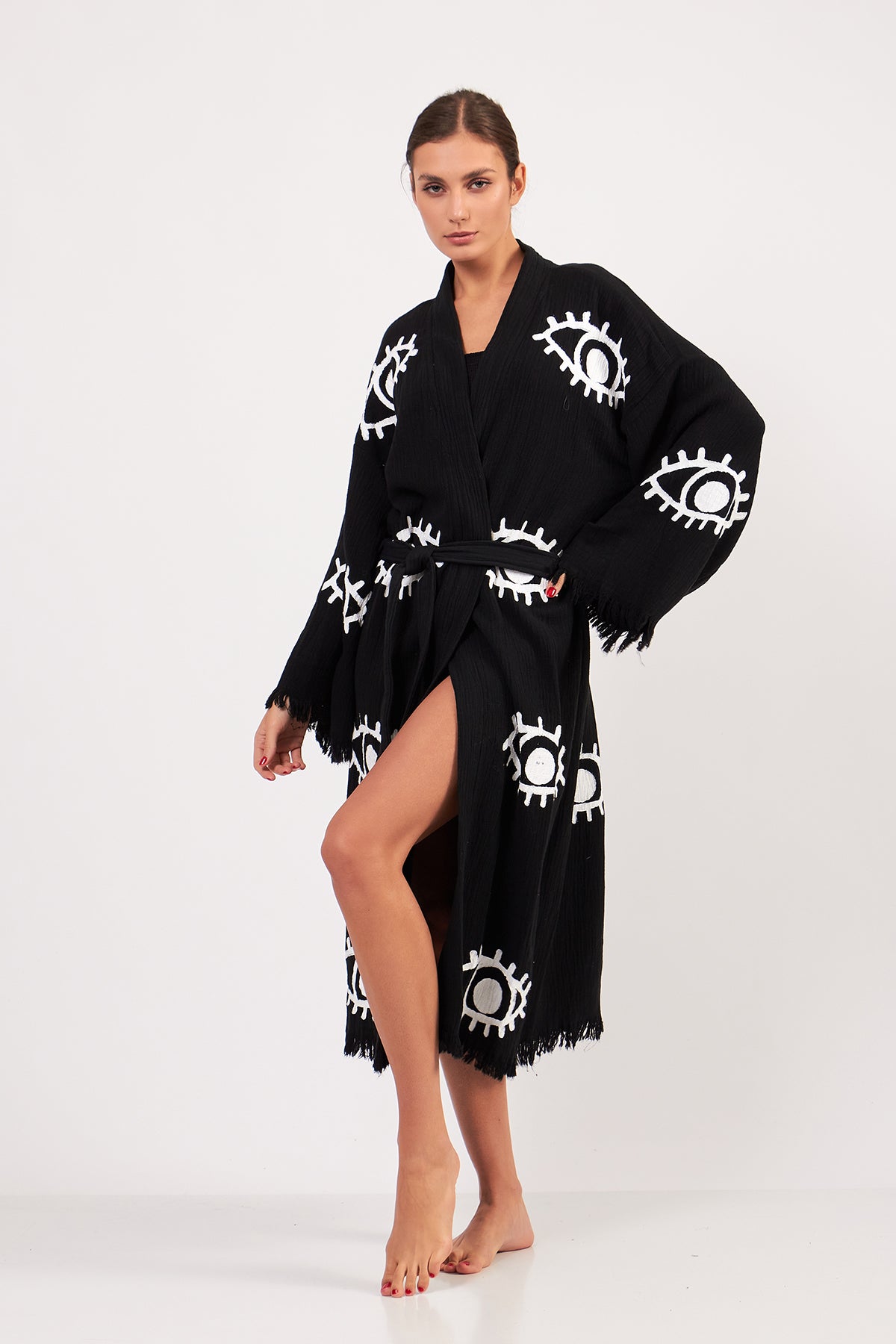 Turkish Towel Kimono Bathrobe Eye Design Black