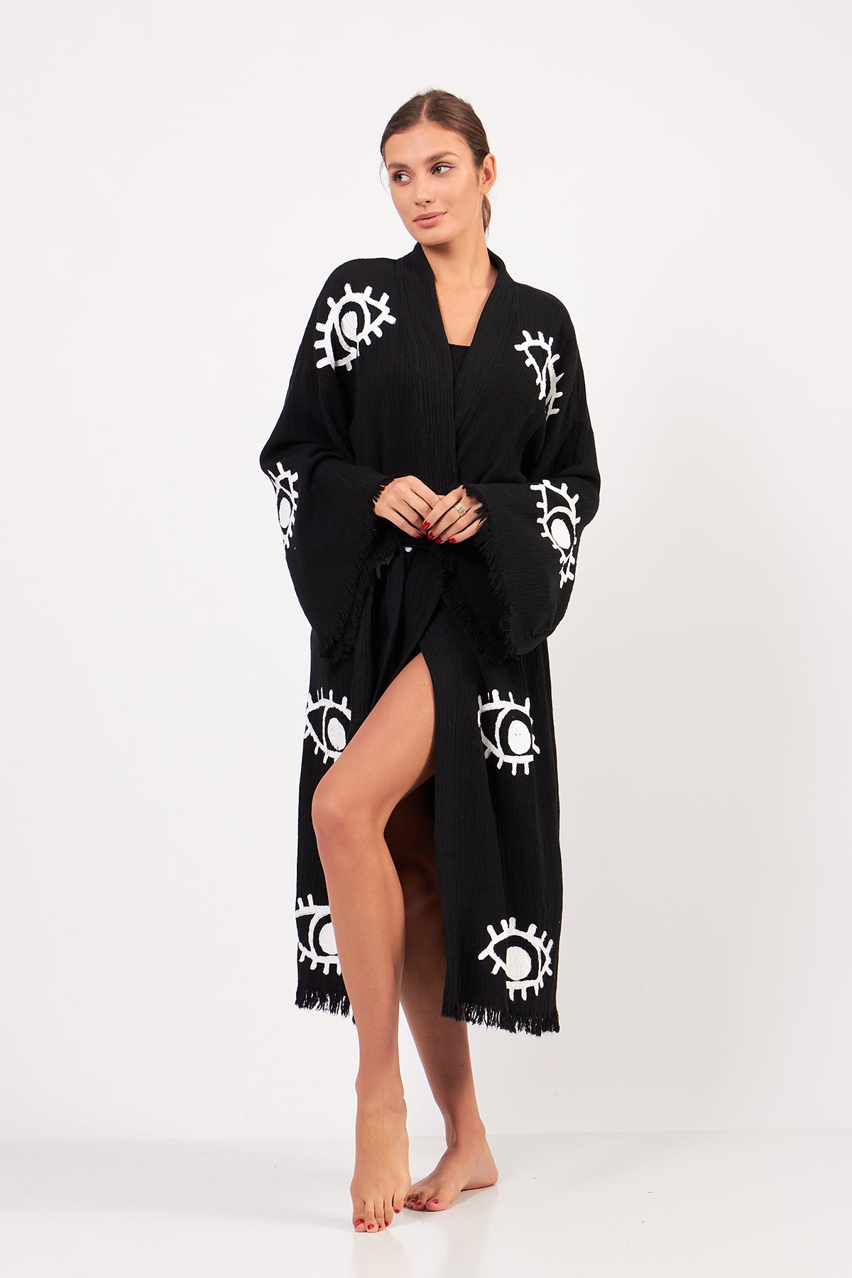 Turkish Towel Kimono Bathrobe Eye Design Black