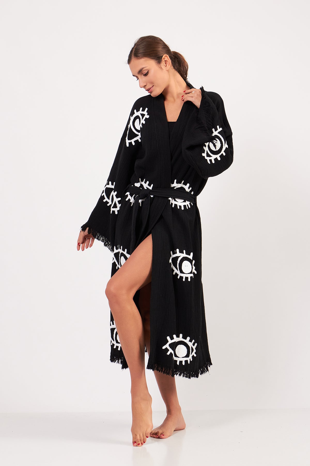 Turkish Towel Kimono Bathrobe Eye Design Black