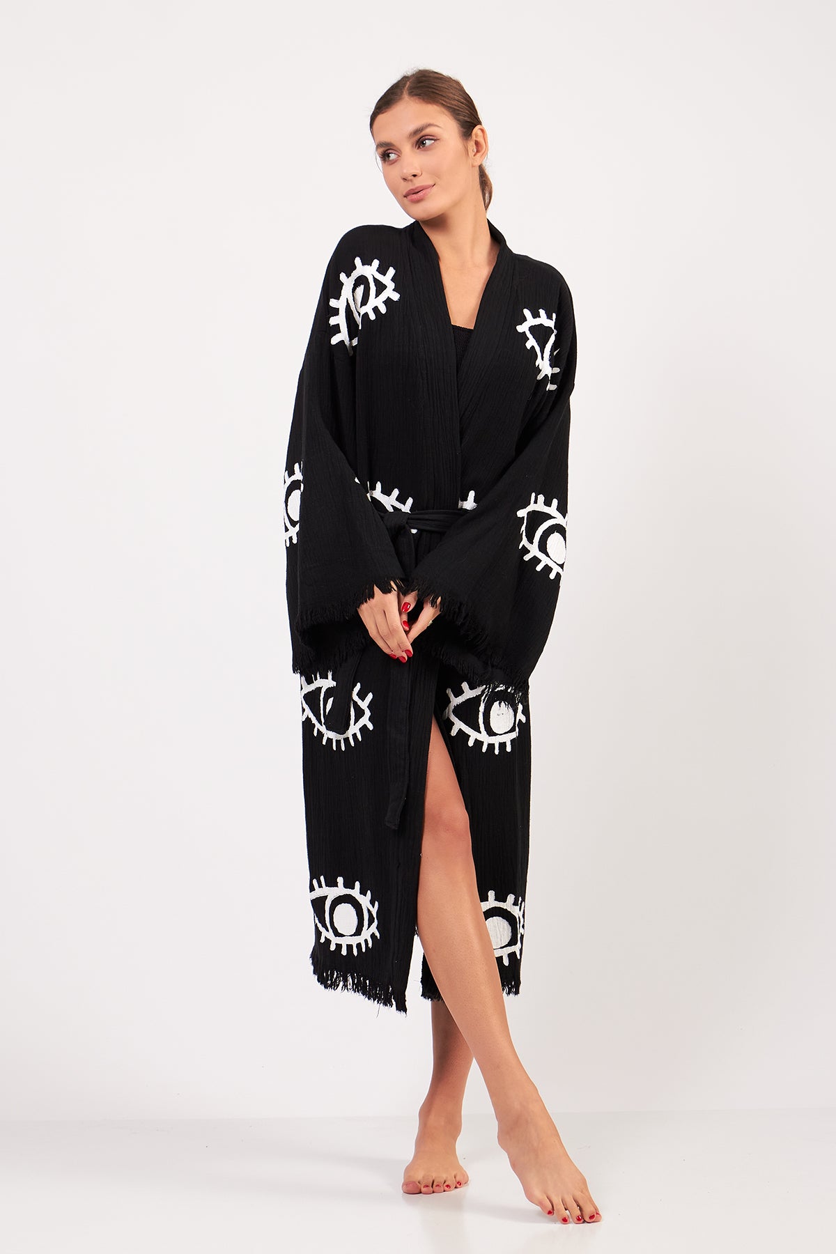 Turkish Towel Kimono Bathrobe Eye Design Black