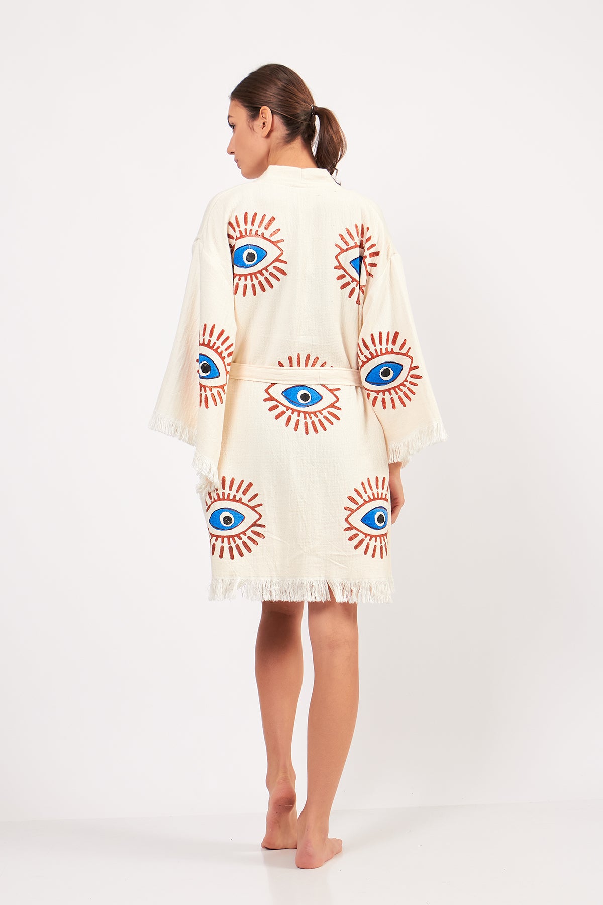 Turkish Towel Kimono Bathrobe Eye Design Ecru