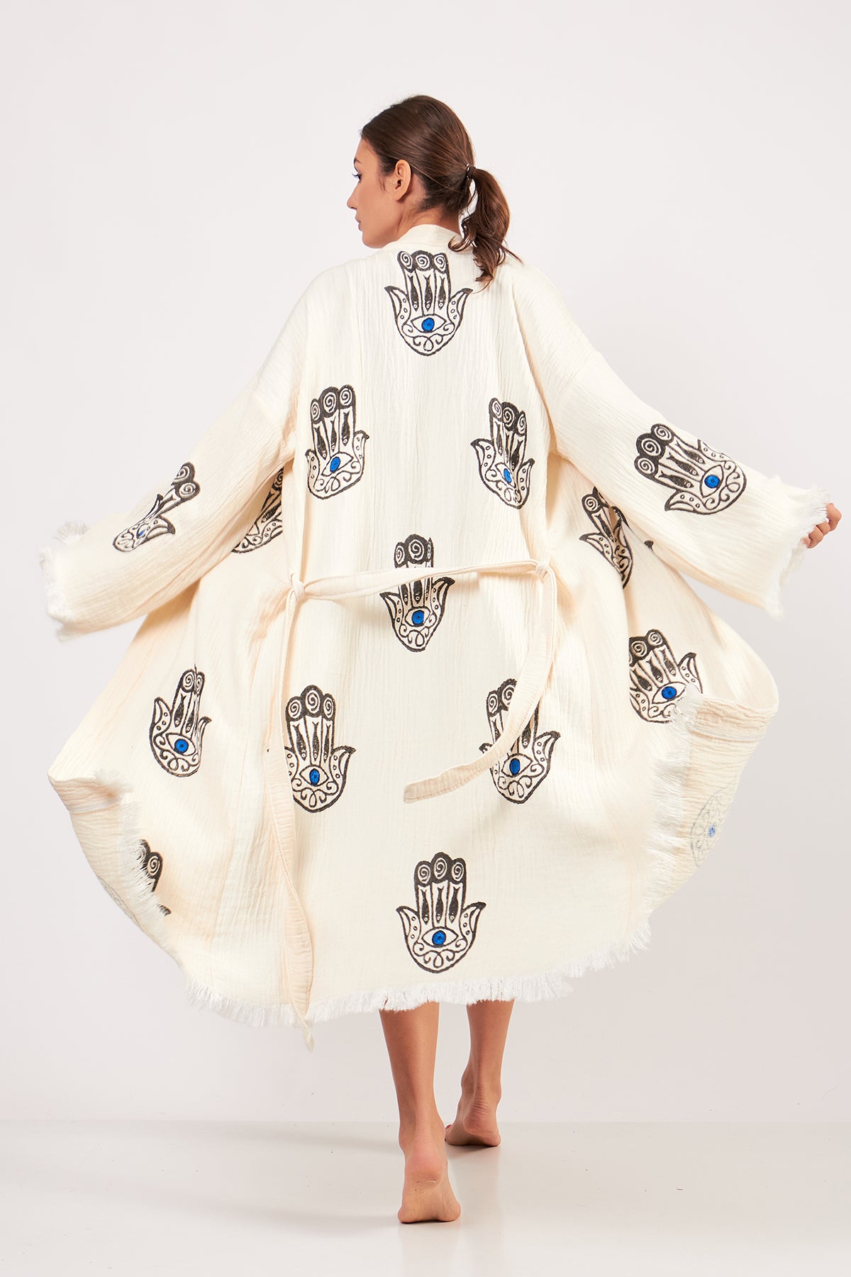 Hamsa Design Three-Layer Muslin Turkish Towel Kimono Robe