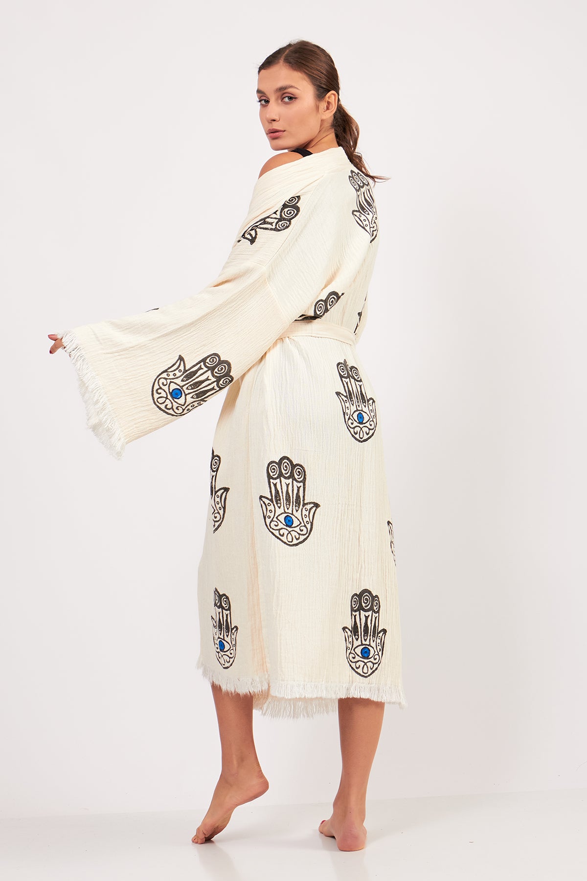 Hamsa Design Three-Layer Muslin Turkish Towel Kimono Robe