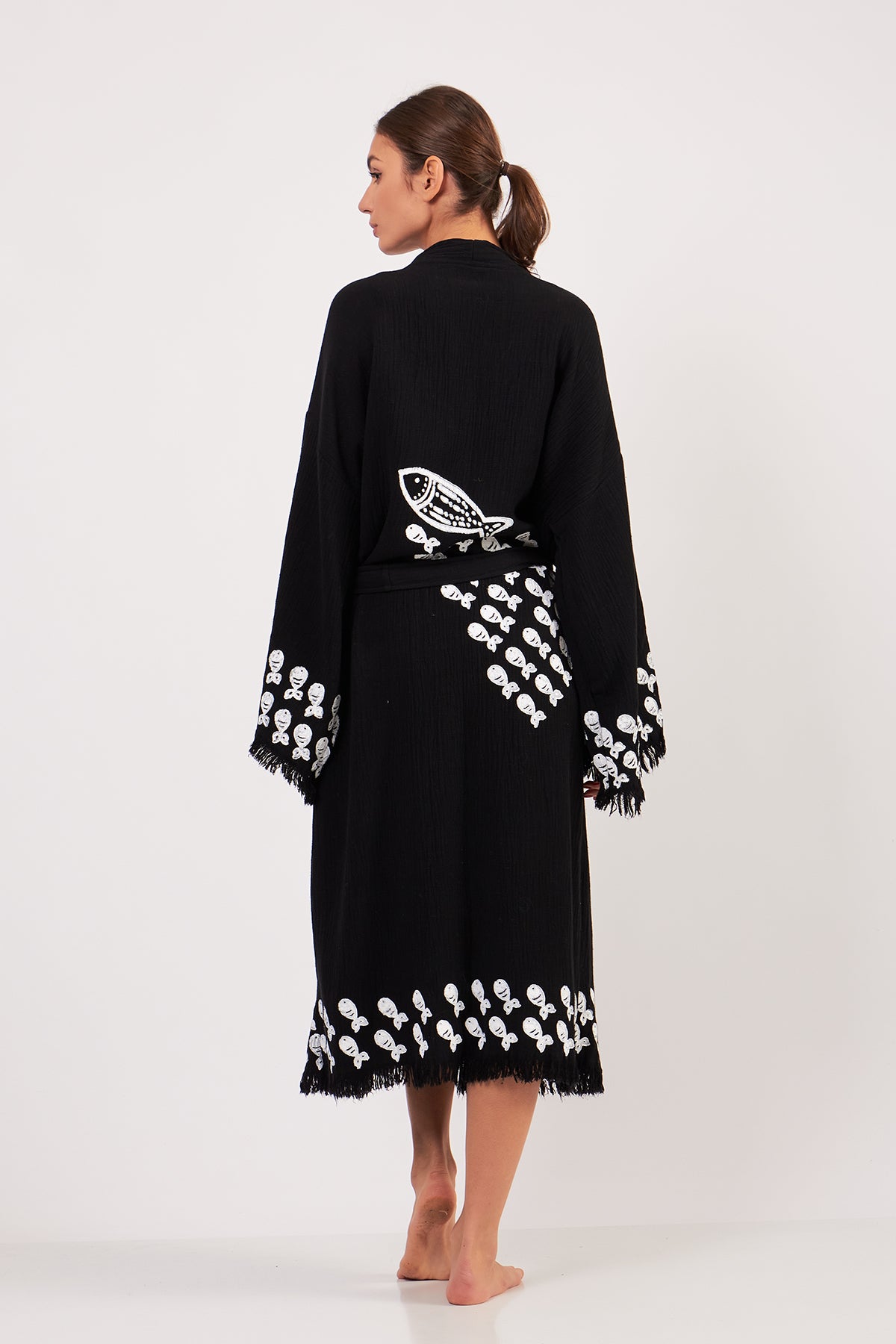 Turkish Towel Kimono Bathrobe Fish Design Black