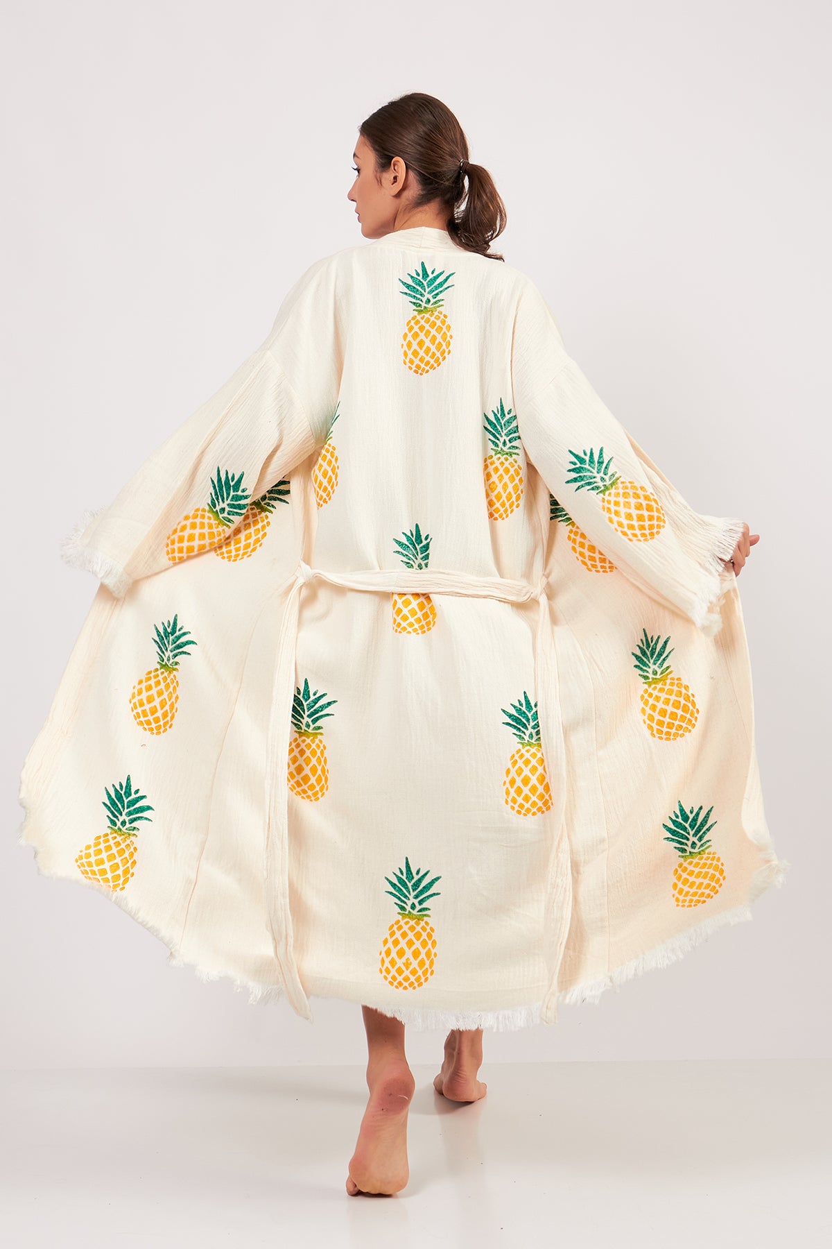 Turkish Towel Kimono Bathrobe Pineapple Design Ecru