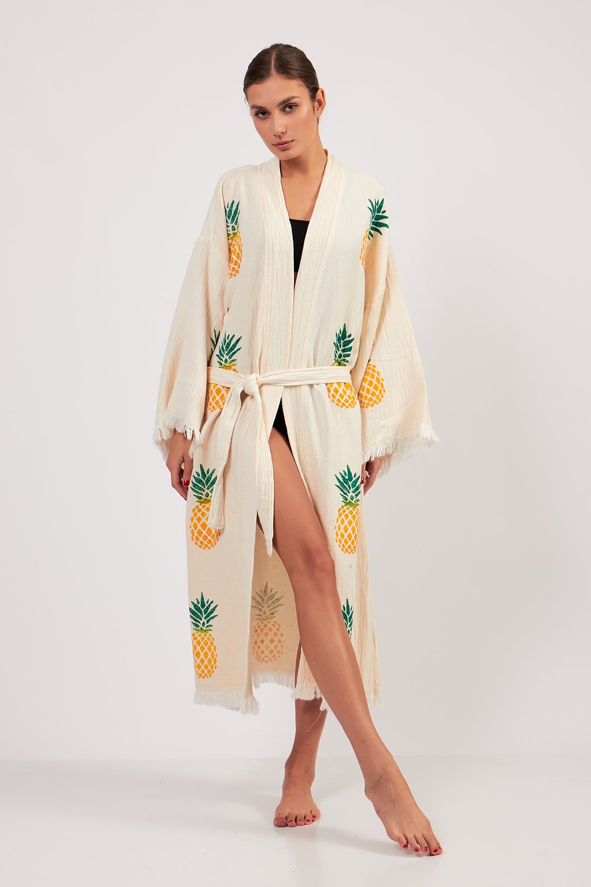 Turkish Towel Kimono Bathrobe Pineapple Design Ecru