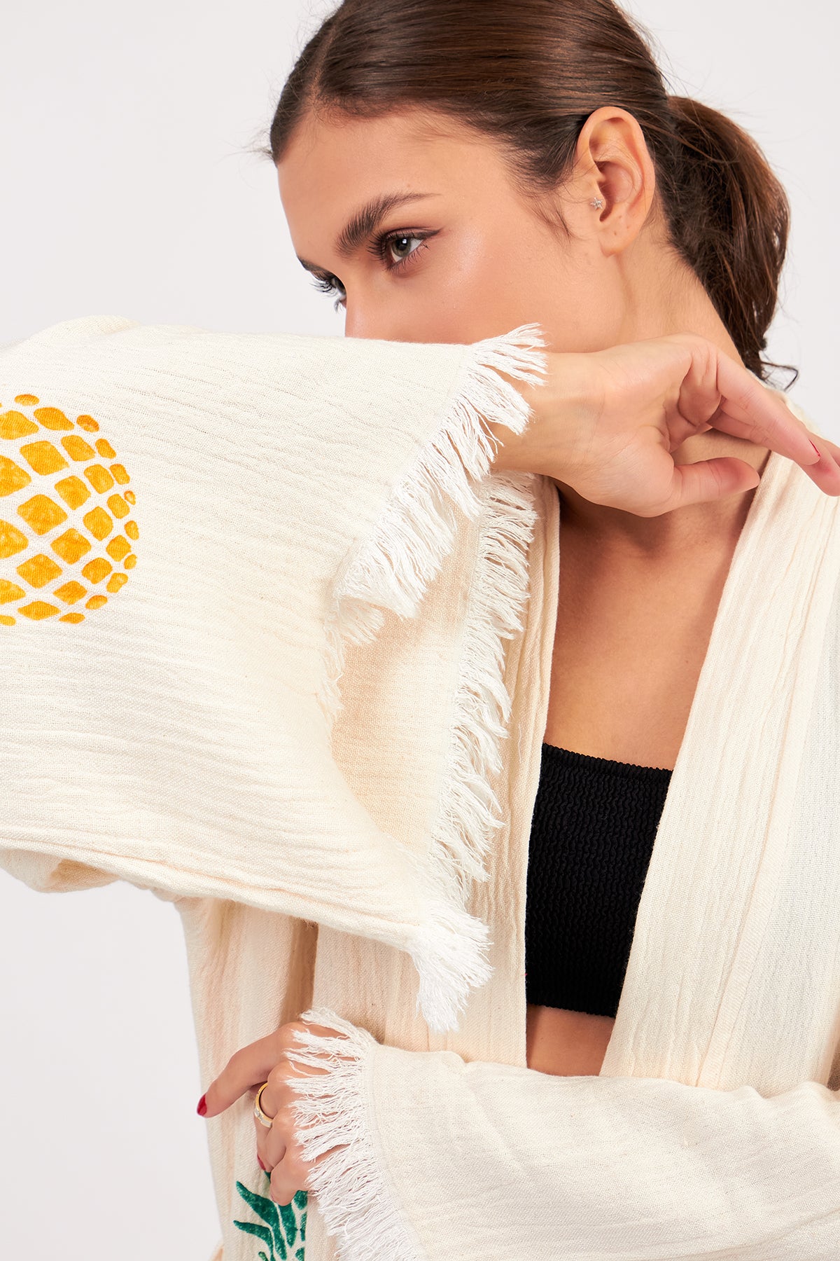 Turkish Towel Kimono Bathrobe Pineapple Design Ecru