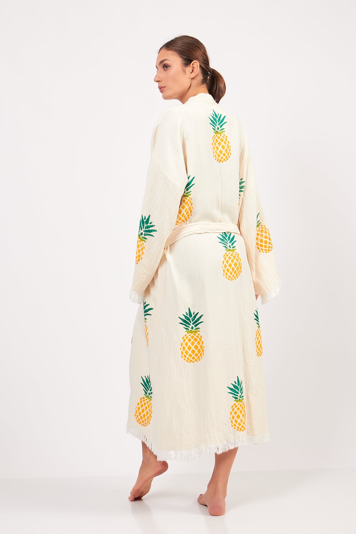 Turkish Towel Kimono Bathrobe Pineapple Design Ecru