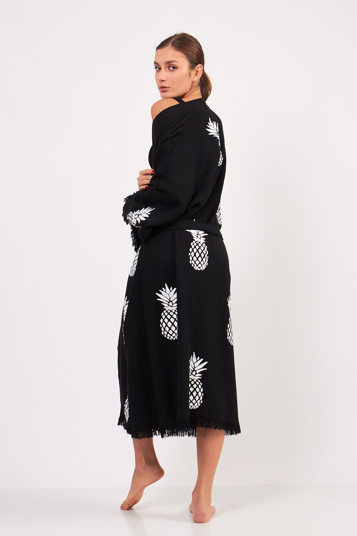 Turkish Towel Kimono Bathrobe Pineapple Design Black