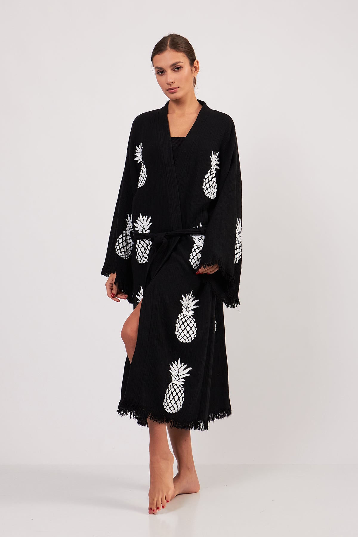 Turkish Towel Kimono Bathrobe Pineapple Design Black
