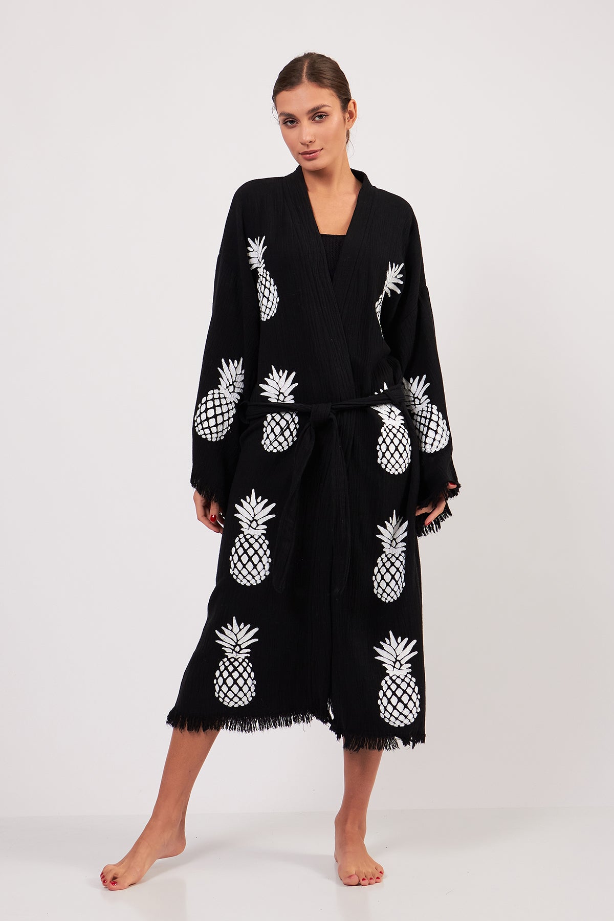 Turkish Towel Kimono Bathrobe Pineapple Design Black