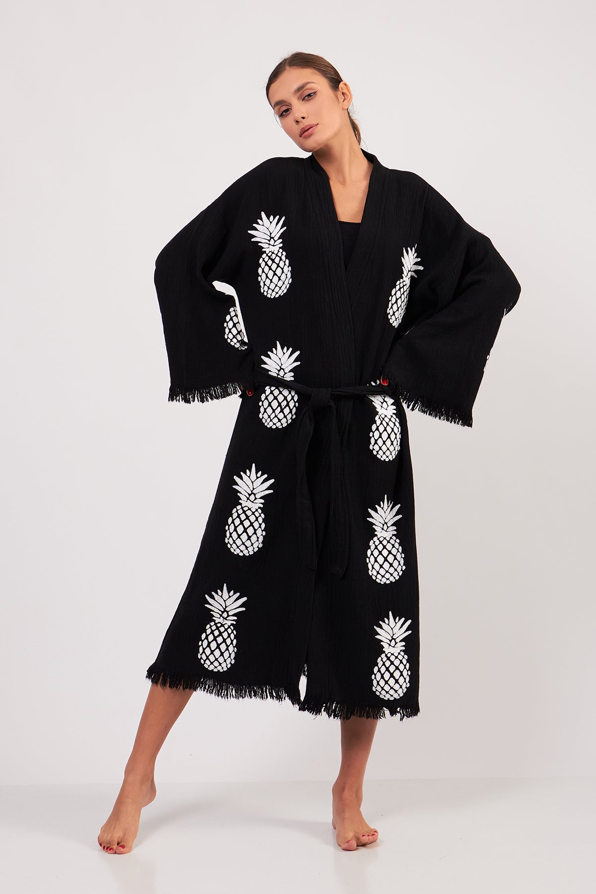 Turkish Towel Kimono Bathrobe Pineapple Design Black
