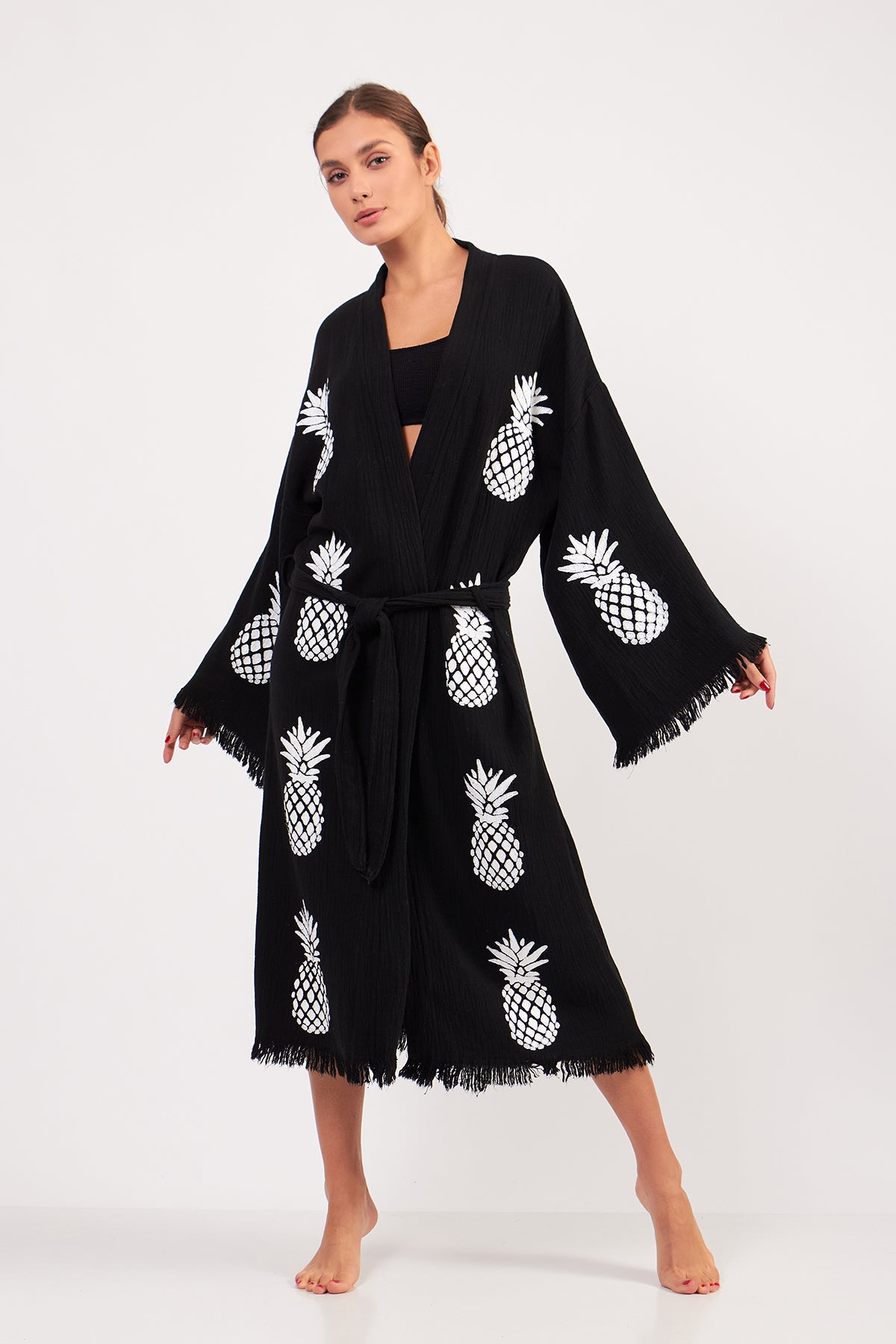 Turkish Towel Kimono Bathrobe Pineapple Design Black