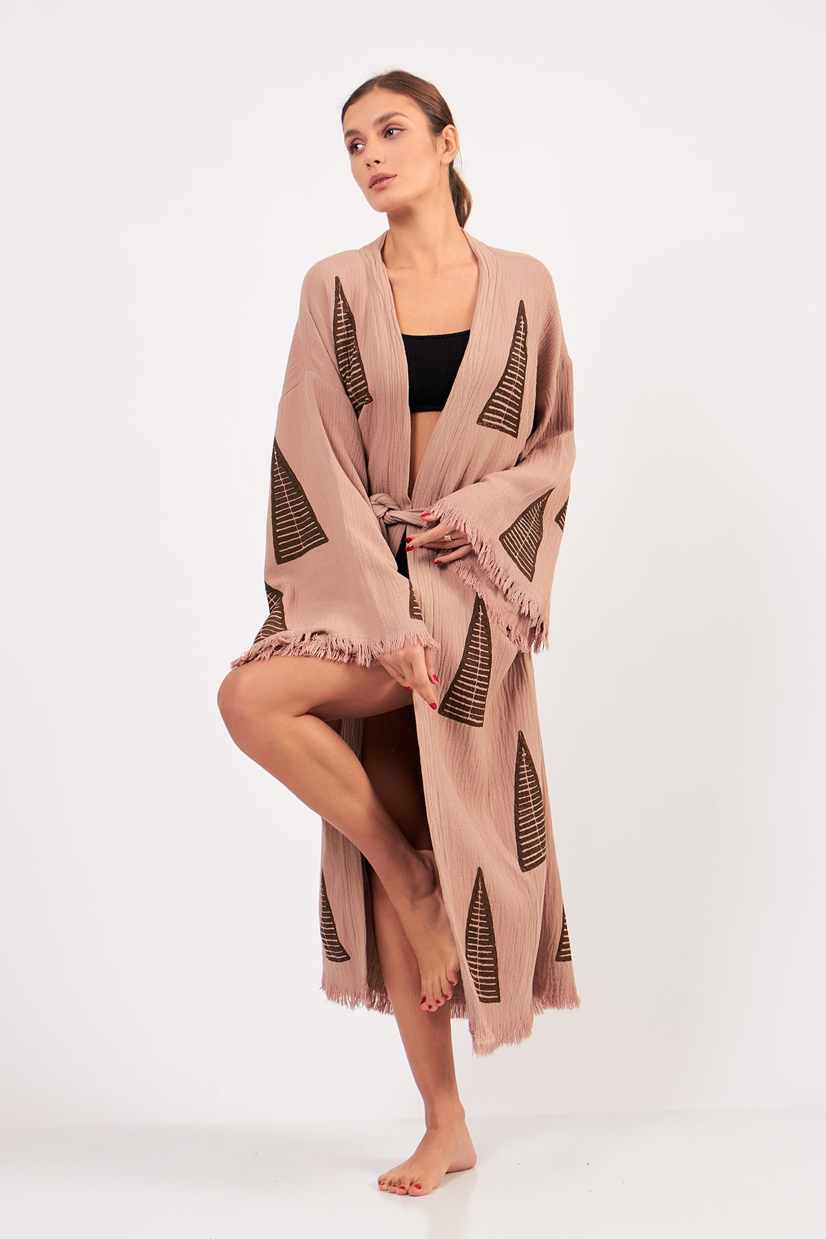 Turkish Towel Kimono Bathrobe Pyramid Design Brown