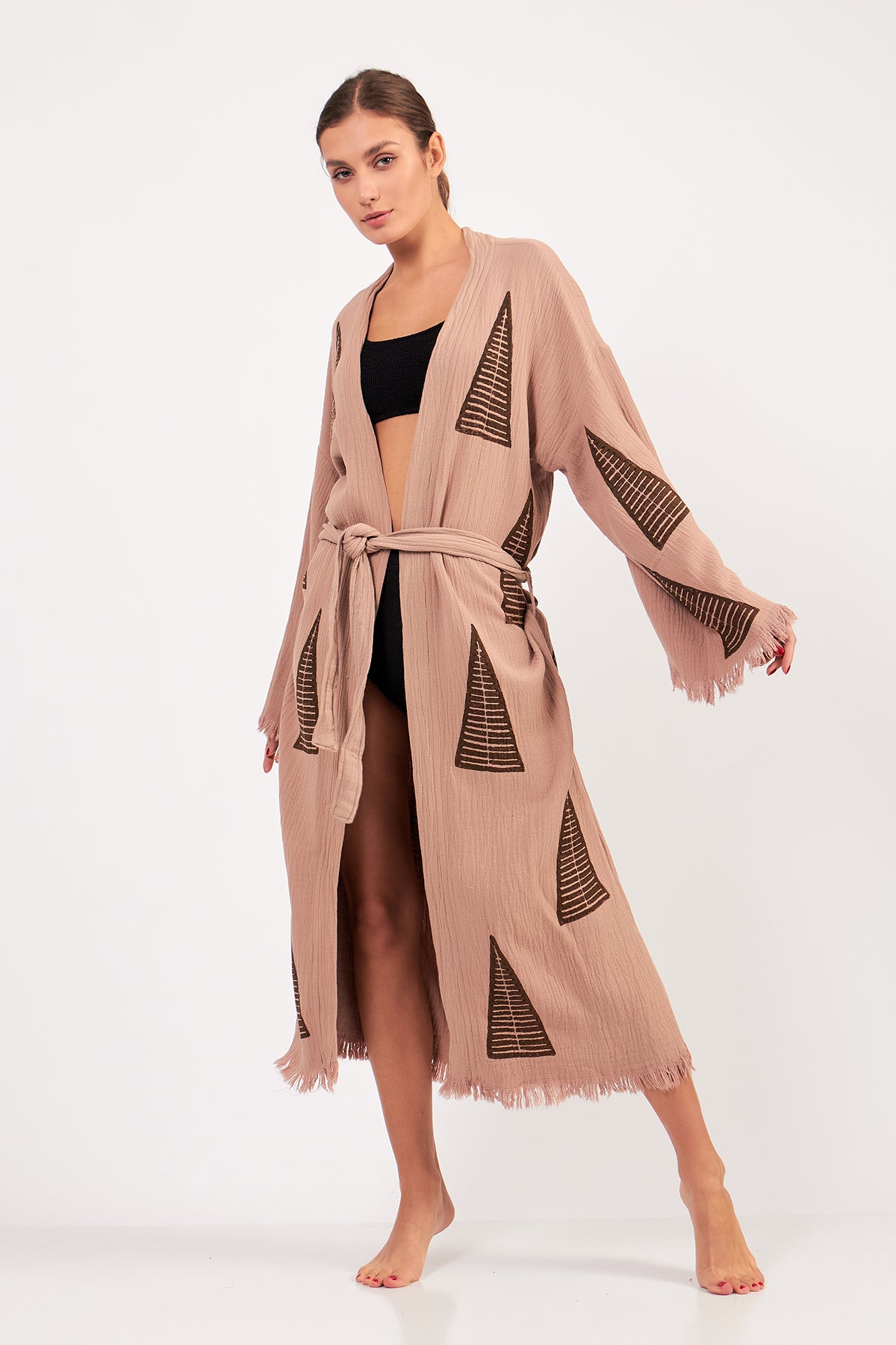 Turkish Towel Kimono Bathrobe Pyramid Design Brown