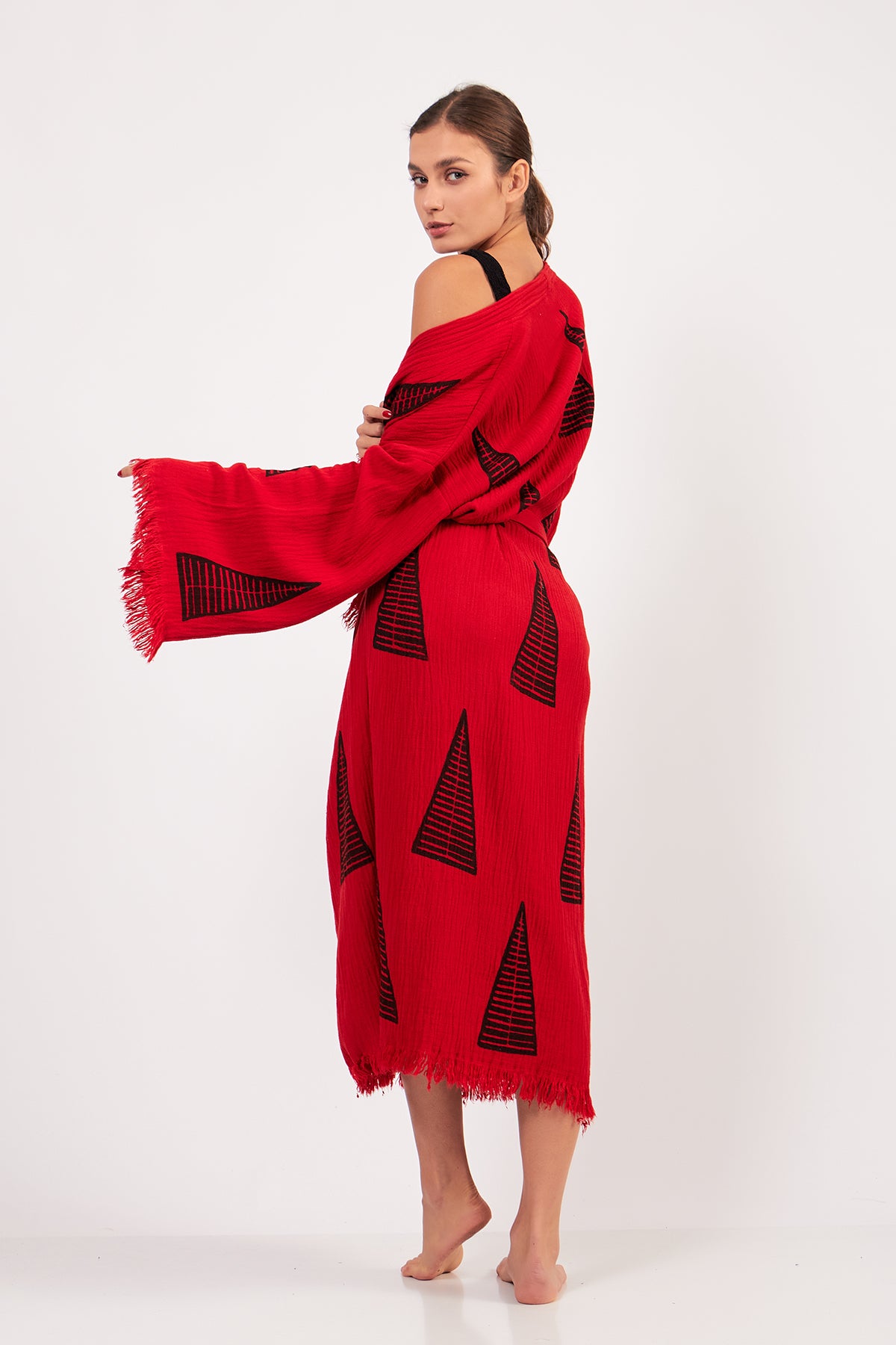 Turkish Towel Kimono Bathrobe Pyramid Design Red